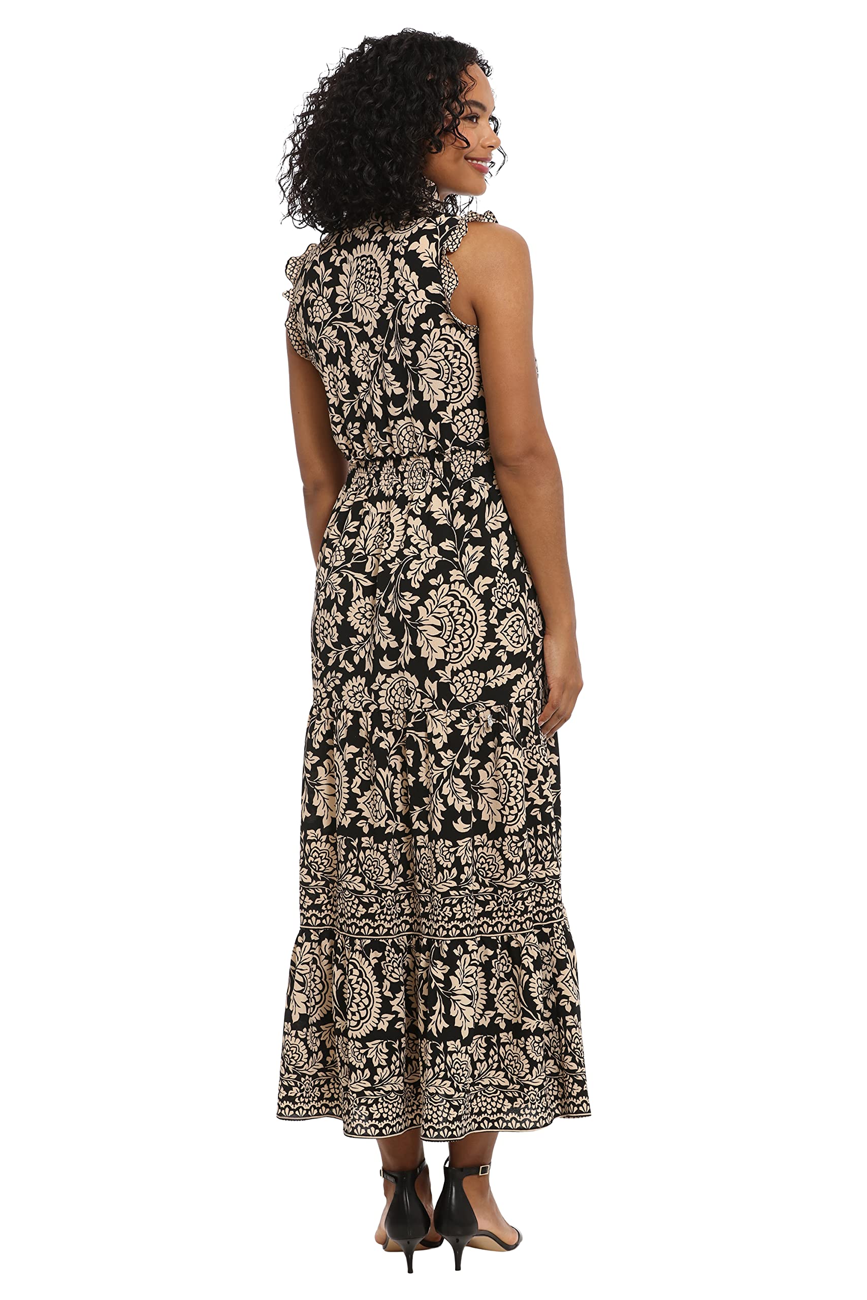 London Times Women's Boho Smocked Waist Ruffle Maxi Dress for Beach & Party