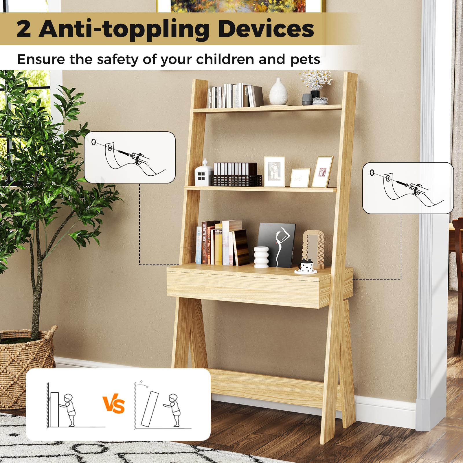 Tangkula Space-Saving Ladder Desk with Wooden Countertop & Storage Drawer - Compact Home Office Computer Table with Open Shelves & Anti-Tip Safety Kit - Wall-Leaning Workstation for Small Spaces (Natural Wood Finish) - Perfect for Dorm Rooms, Studio Apartments & Home Office Setups
