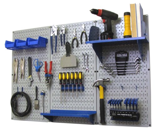 Gray Pegboard with Blue Accessories