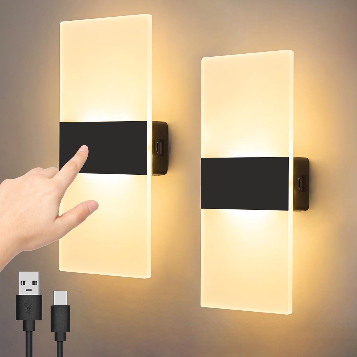 Rechargeable LED Wall Sconce Set of 2 - Battery Operated Touch Control Dimmable Wireless Wall Lights with Magnetic Mount, Modern Bedside Lamps for Bedroom, Living Room, Hallway & Home Decor | Perfect for Night Reading, Ambient Lighting and Space-Saving Wall Decor