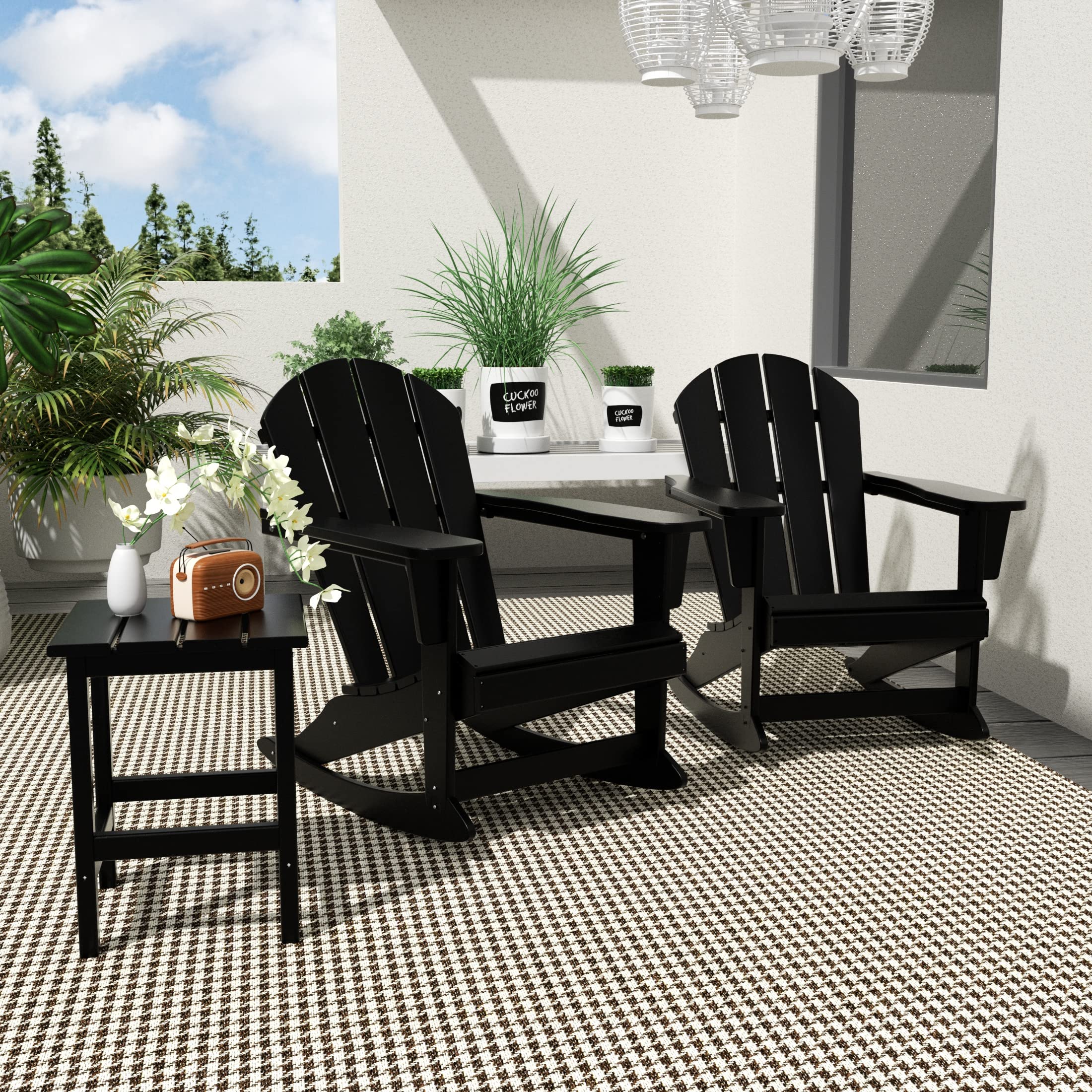 WO Home Furniture 3-Piece Patio Rocking Chair Set - Classic Outdoor Adirondack Rocker Chairs with Matching Table (Black) - Perfect for Backyard, Garden, Porch & Poolside Relaxation