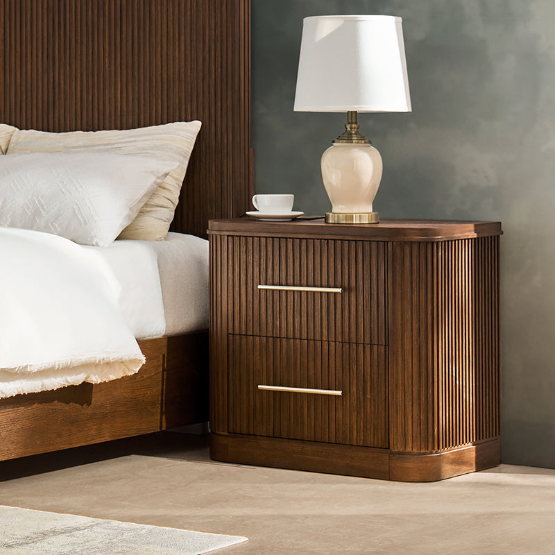 Modern Fluted Solid Wood Nightstand with USB Charging Port - Oak Texture Finish - Perfect for Bedroom, Living Room, or Guest Room Decor