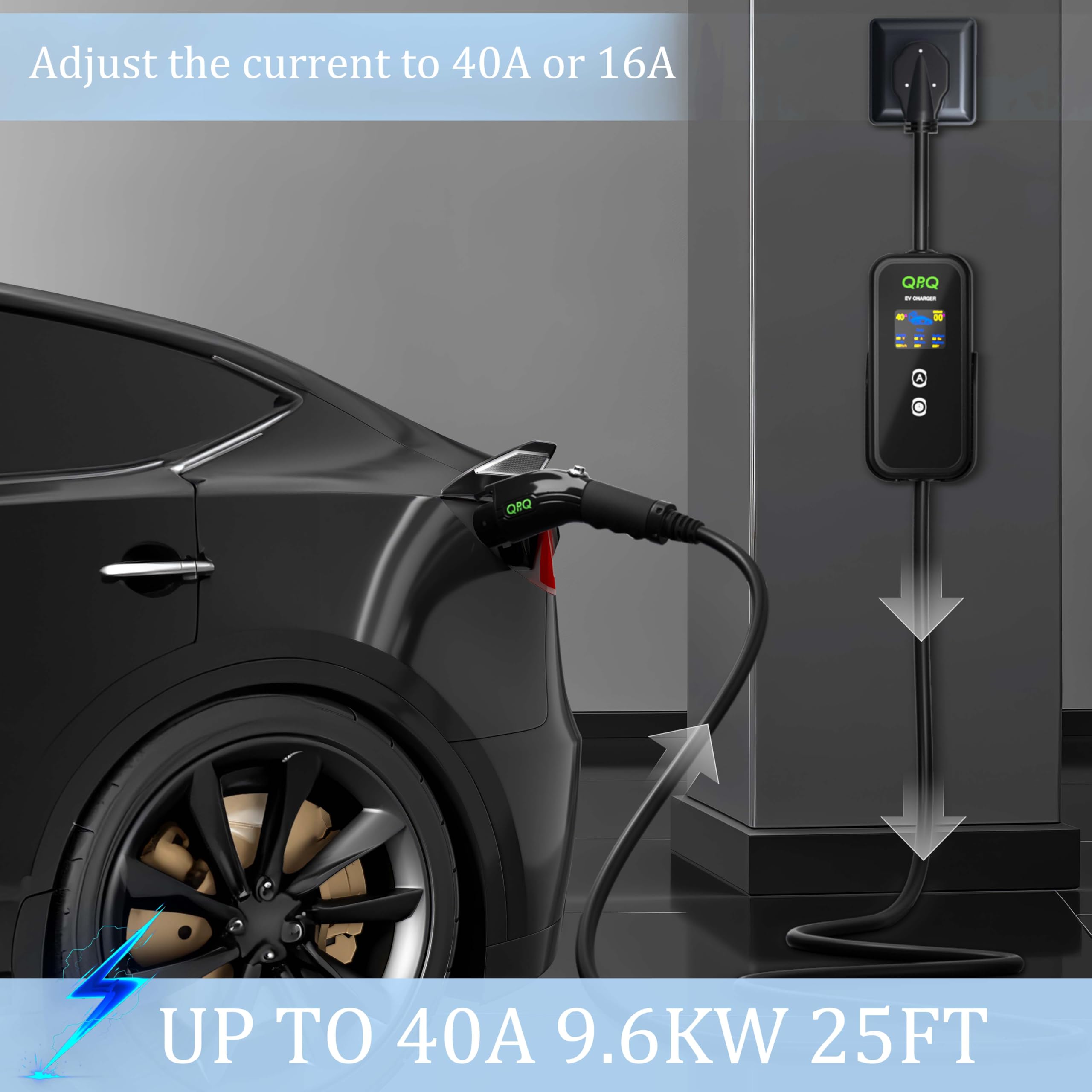 QPQ Level 2 EV Charger 40Amp 110-240V Portable Electric Vehicle Charger with Adjustable Current & Time Delay | 25ft Cable | NEMA 14-50 Plug for J1772 EVs | Perfect for Home, Office & Public Charging Stations