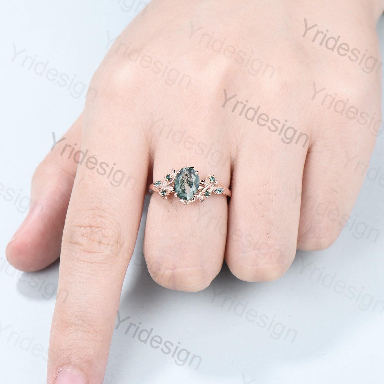 1.5Ct Oval Natural Moss Agate Engagement Ring - Nature Inspired Green Agate Promise Ring - Cluster Emerald Anniversary Ring in Silver & Rose Gold - Perfect for Proposals, Weddings & Special Occasions