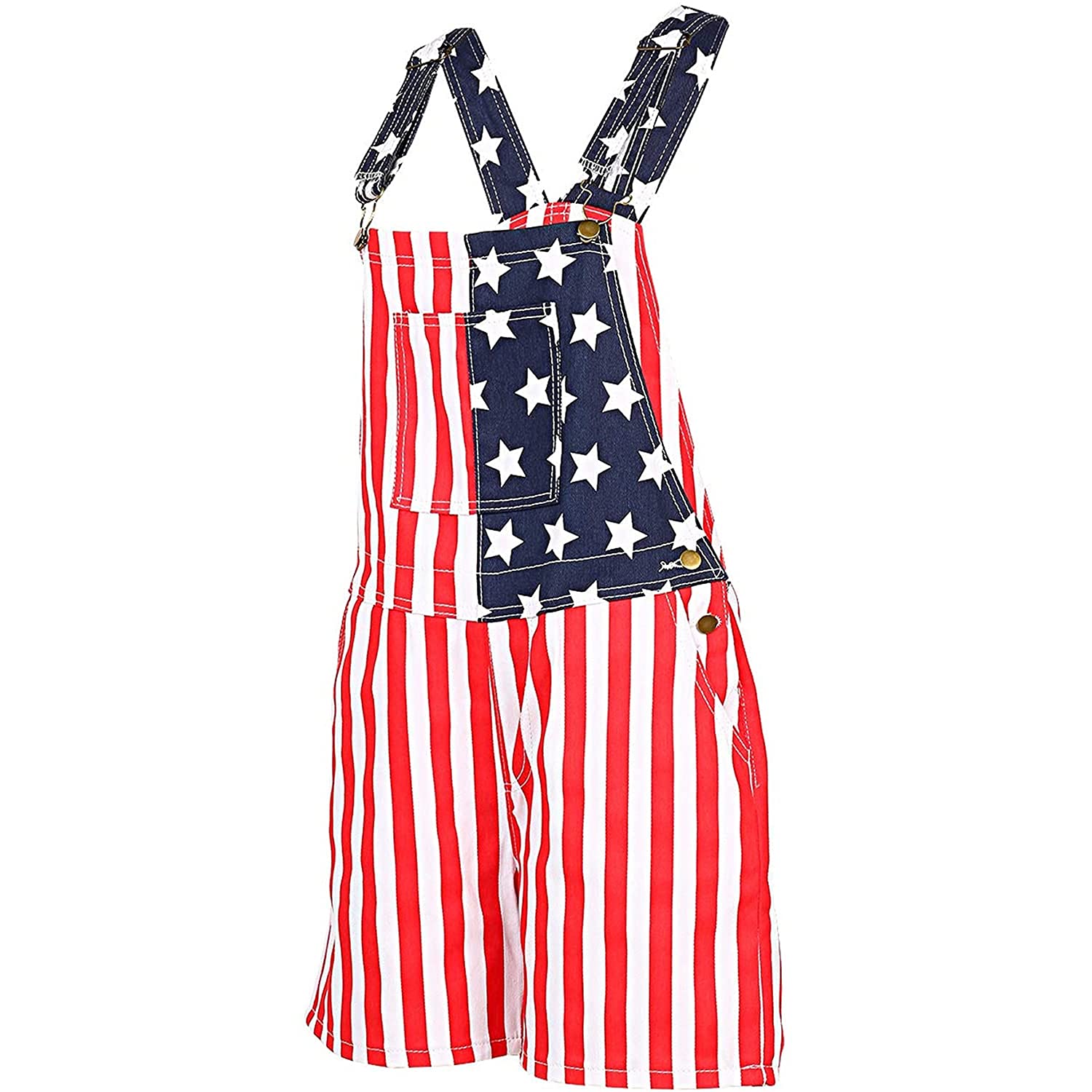 Men's Denim Overalls Shorts - Adjustable Strap Bib Romper with USA Flag Print & Pockets (Red, X-Large) - Perfect for Summer BBQ, 4th of July Parties & Casual Outings