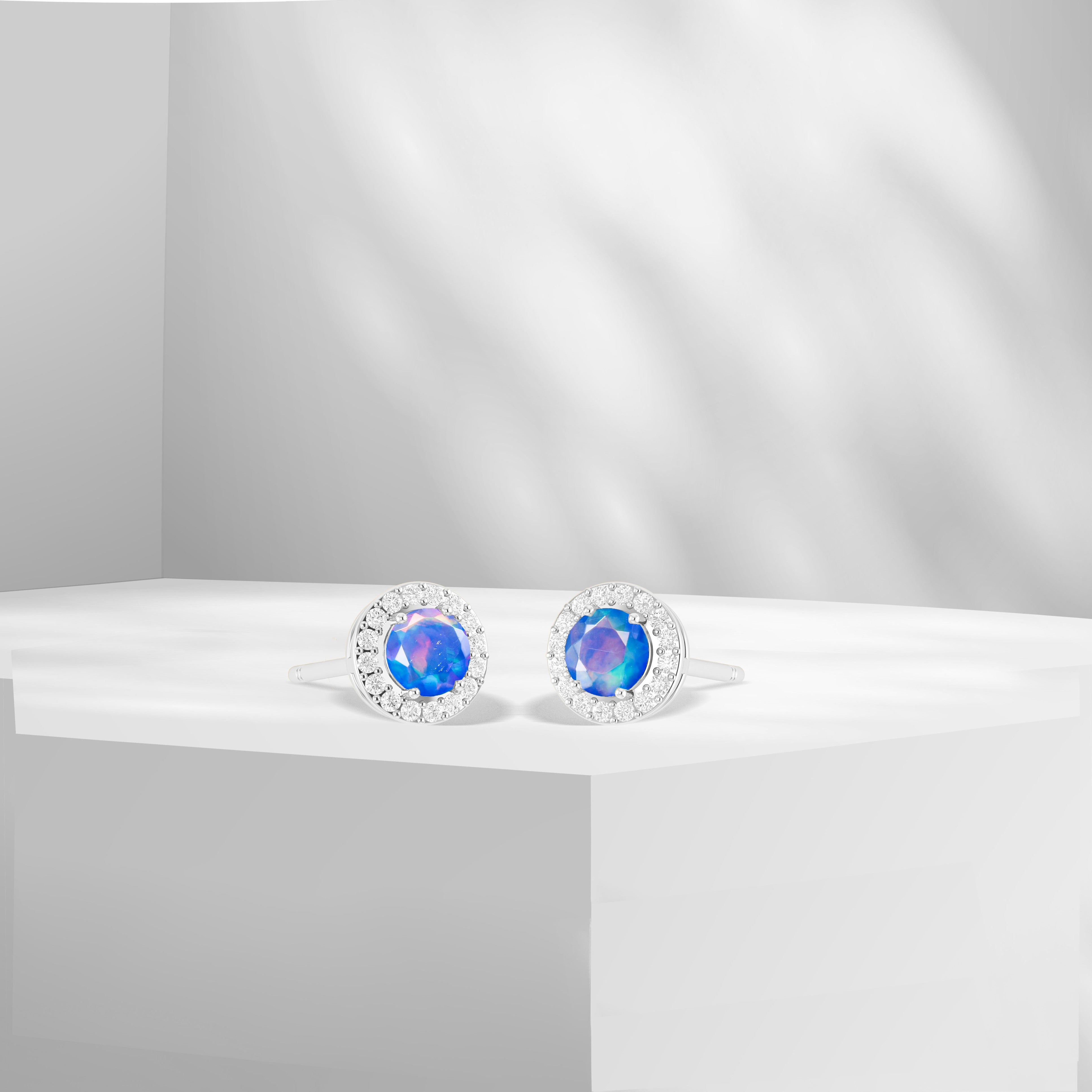 Round Multifire Opal Gemstone Stud Earrings for Women - Hypoallergenic Sterling Silver Earrings - Perfect for Everyday Wear, Parties & Gifts