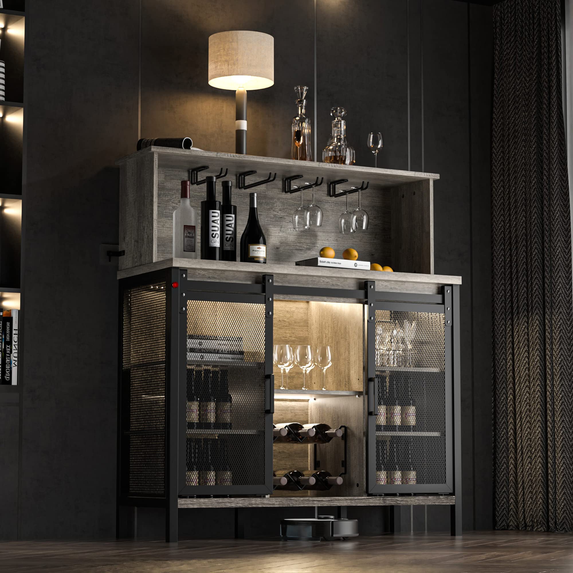 QNICE Farmhouse Coffee & Wine Bar Cabinet with Sliding Barn Door - Rustic Oak Buffet Storage with Wine Rack, Glass Holder & LED Lighting for Kitchen, Living Room, Dining Room - Perfect for Entertaining Guests & Home Decor