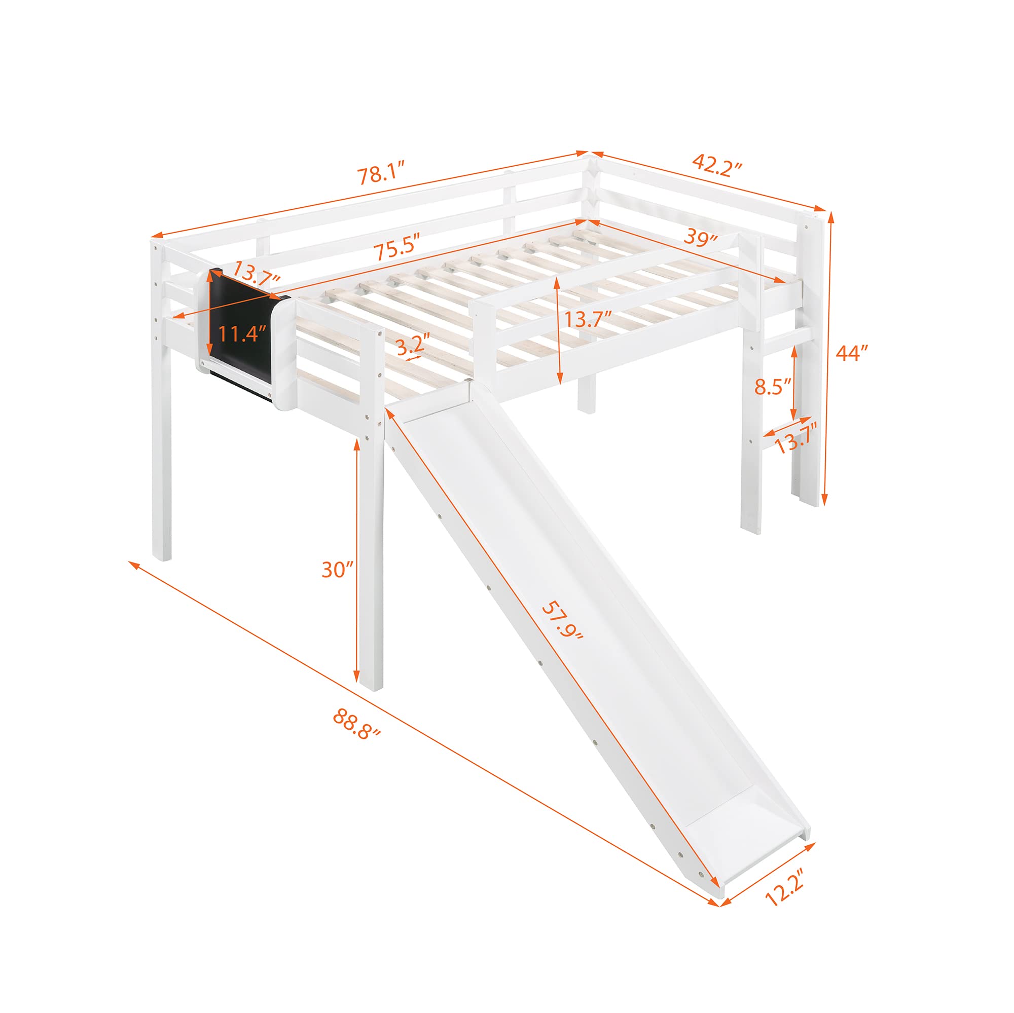 Bellemave Kids Wood Loft Bed with Slide - Twin Size Low Loft Bed for Boys & Girls - White Chalkboard Loft Bed - Perfect for Small Bedrooms, Playrooms & Kids' Sleepovers