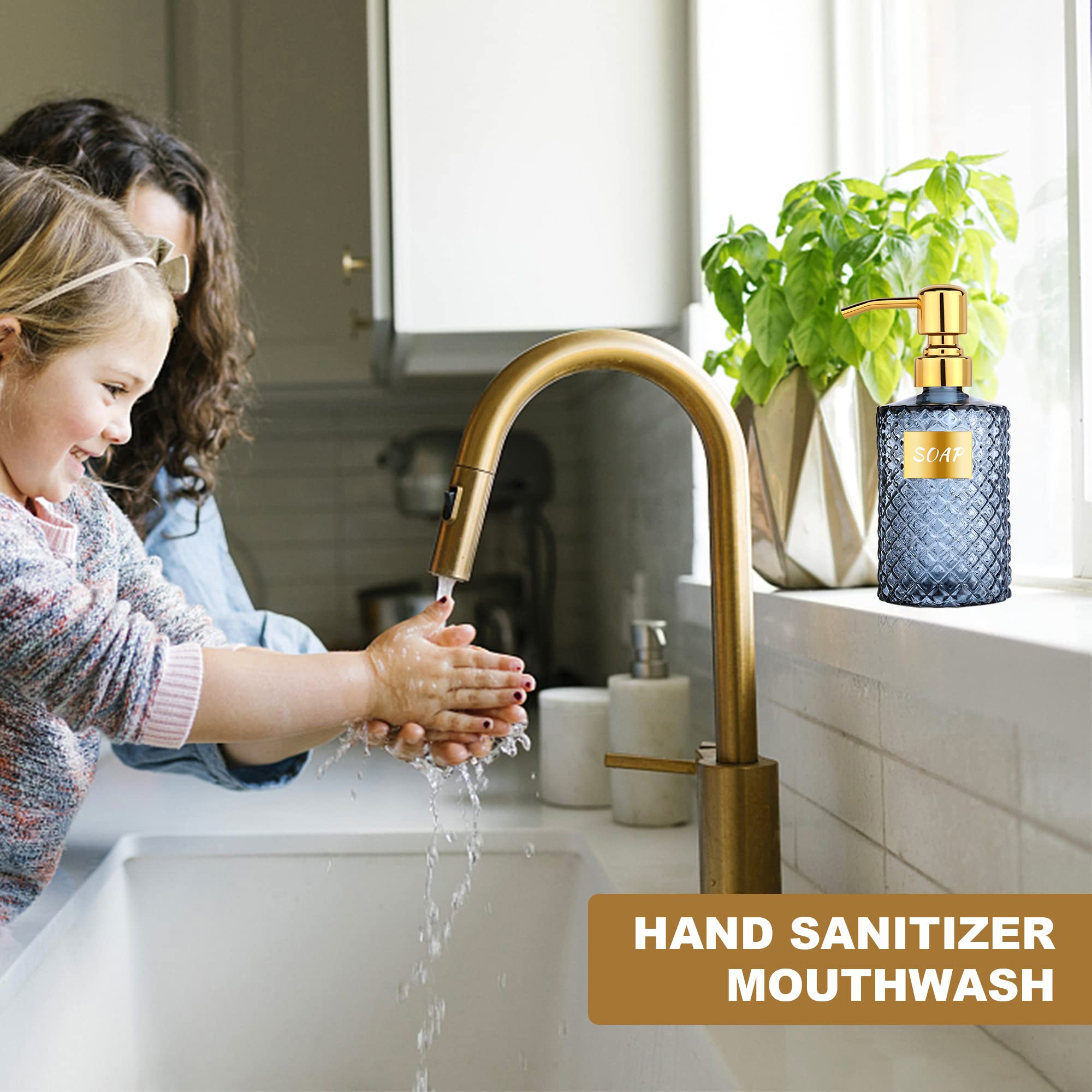 12OZ Diamond Glass Soap Dispenser with Gold 304 Stainless Steel - Elegant Bathroom & Kitchen Liquid Dispenser for Hand Soap, Shower Gel, Dish Soap, Lotion & More (Blue) - Perfect for Home, Office & Spa Decor