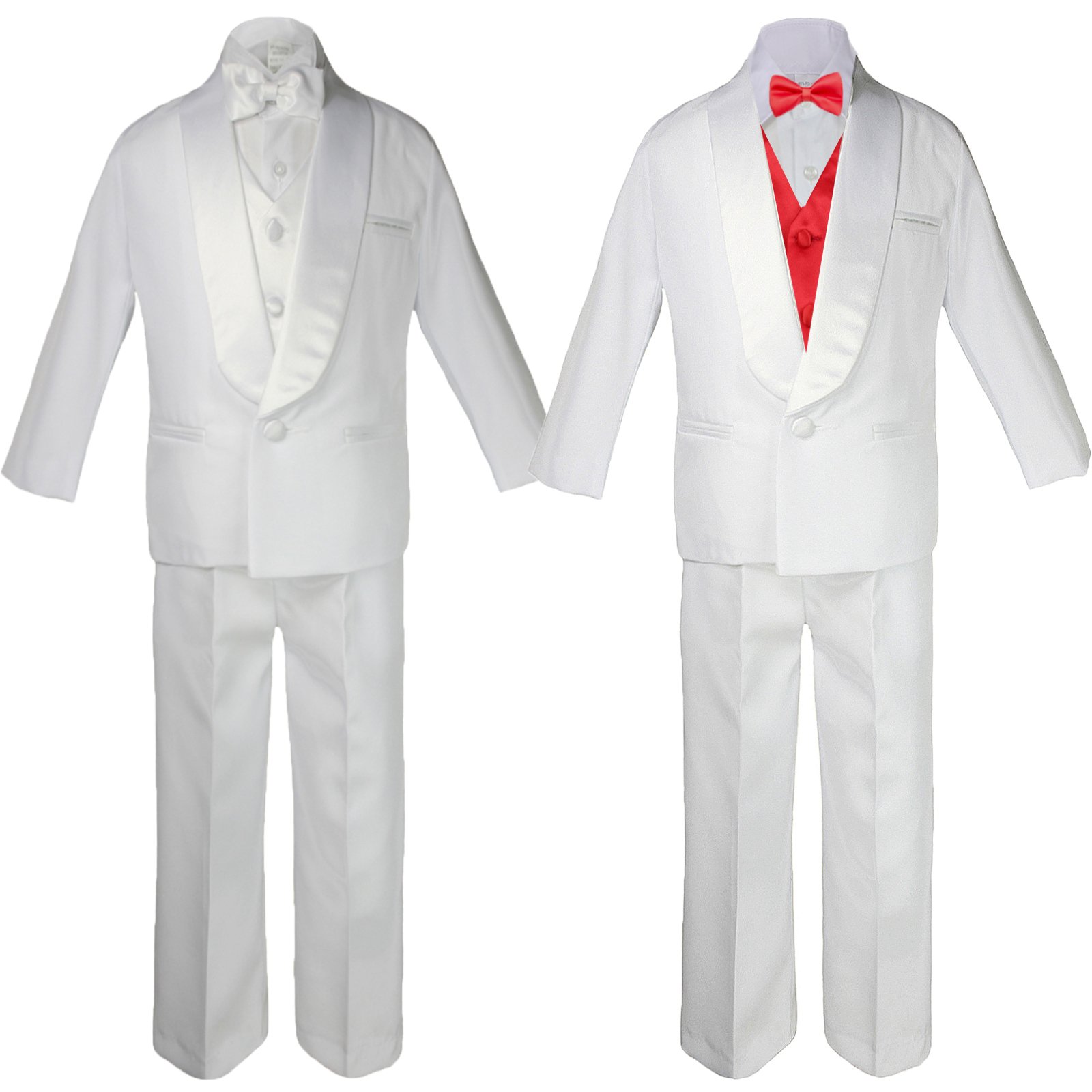 Kids Formal White Suit Tuxedo Set with Red Satin Vest & Bow Tie - Perfect for Weddings, Parties & Special Occasions | Sizes SM-20