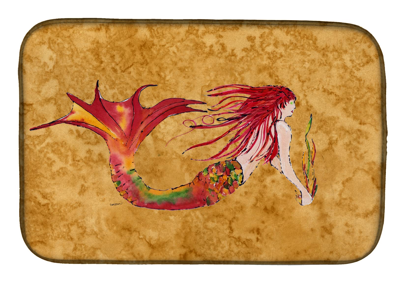 Premium Absorbent Dish Drying Mat - 14 x 21 Inch Non-Slip Kitchen Counter Mat with Ginger Red Headed Mermaid Design | Quick-Dry Dish Drainer Pad for Countertops | Perfect for Kitchens, RVs & Dorm Rooms
