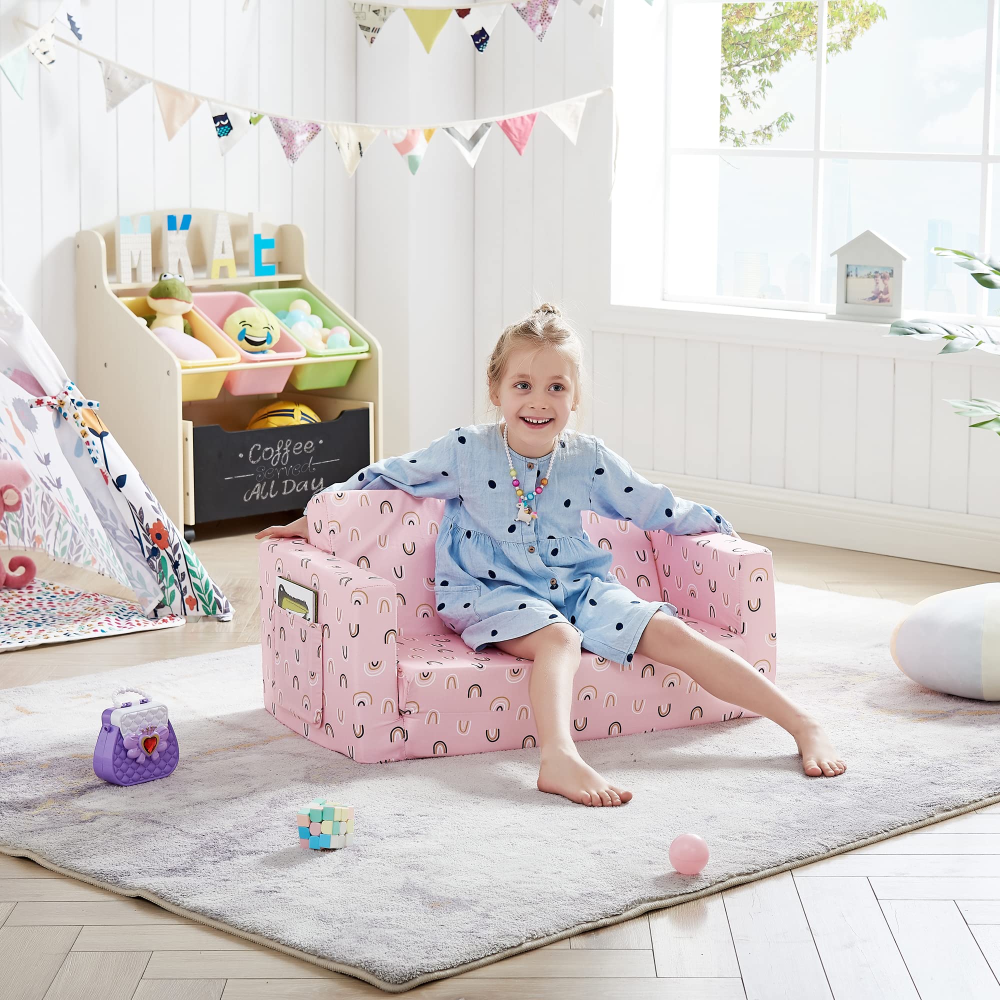 Ulax Kids 2-in-1 Fold Out Couch & Lounger - Convertible Sofa Bed for Children with Soft Plush Fabric (Pink Rainbow) - Perfect for Playrooms, Bedrooms & Sleepovers