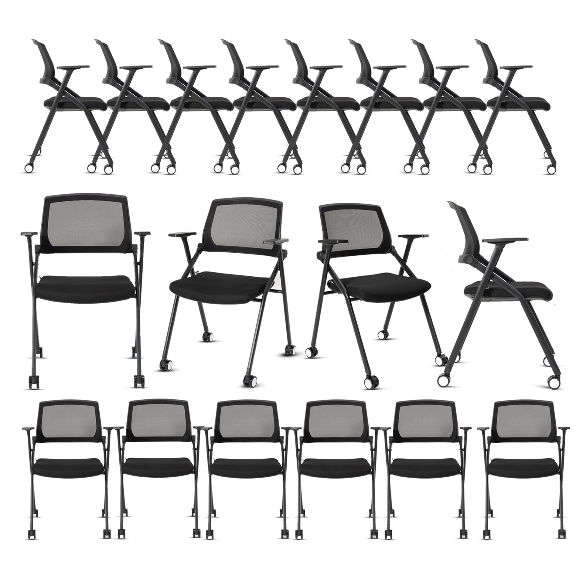 10 Pack Black Conference Room Chairs with Wheels & Adjustable Armrests - Foldable Stackable Office Chairs for School, Church, Waiting Room & Meeting Spaces