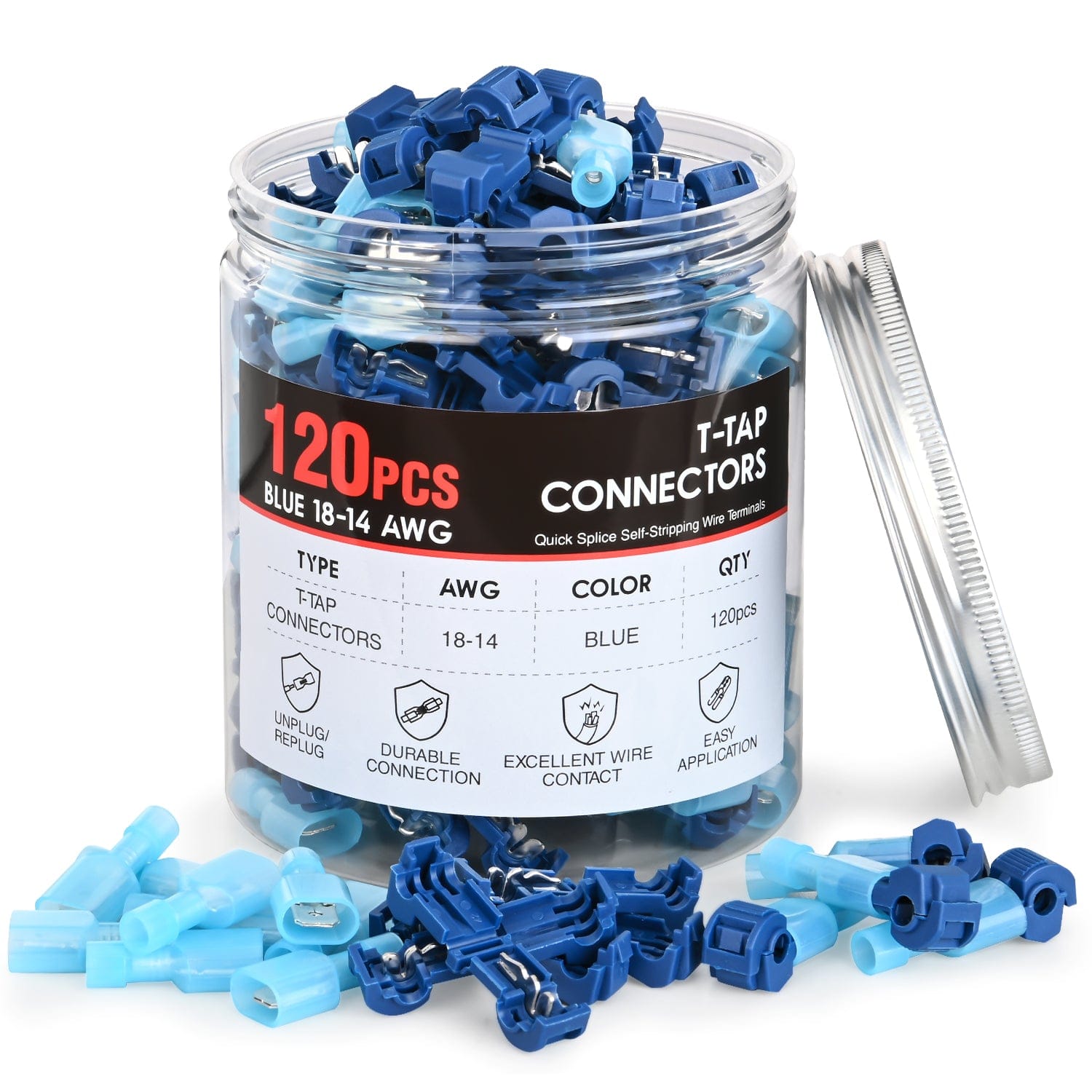 120PCS Quick Splice Disconnect Wire Terminals Kit - 60 Pairs T-Tap Spade Connectors, 16-14 AWG Male & Female Self-Stripping Terminals (Blue) - Perfect for Automotive, Marine & DIY Electrical Wiring Projects