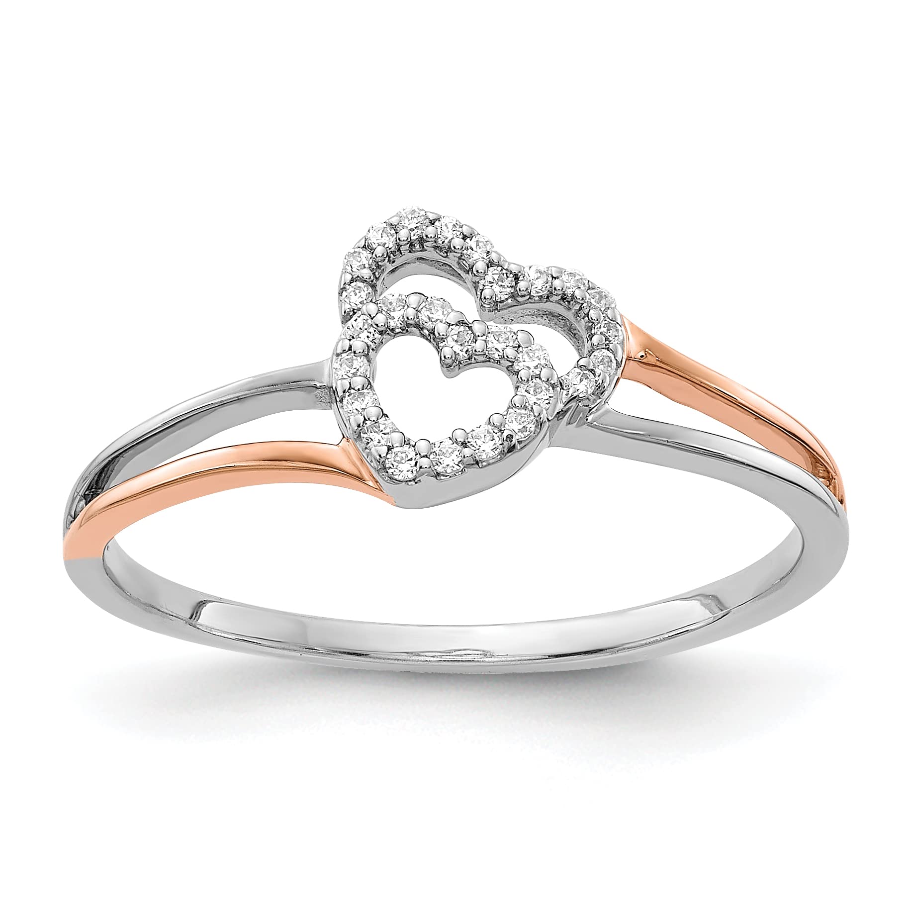 14K White & Rose Gold Diamond Polished Double Heart Ring for Women - Elegant Valentine's Day Gift, Anniversary Jewelry, Bridal Proposal Ring