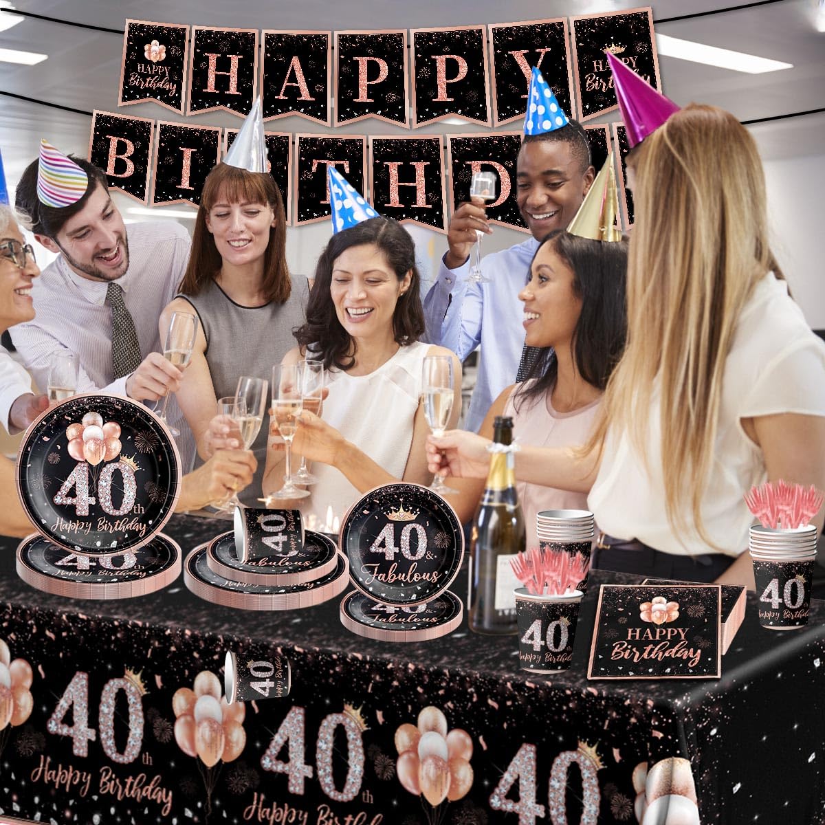 142Pcs Rose Gold 40th Birthday Party Tableware Set - Tablecloth, Plates, Napkins, Cups, Forks & Knives - Elegant Women's 40th Birthday Decorations - Perfect for Milestone Celebrations, Themed Parties & Anniversary Gatherings