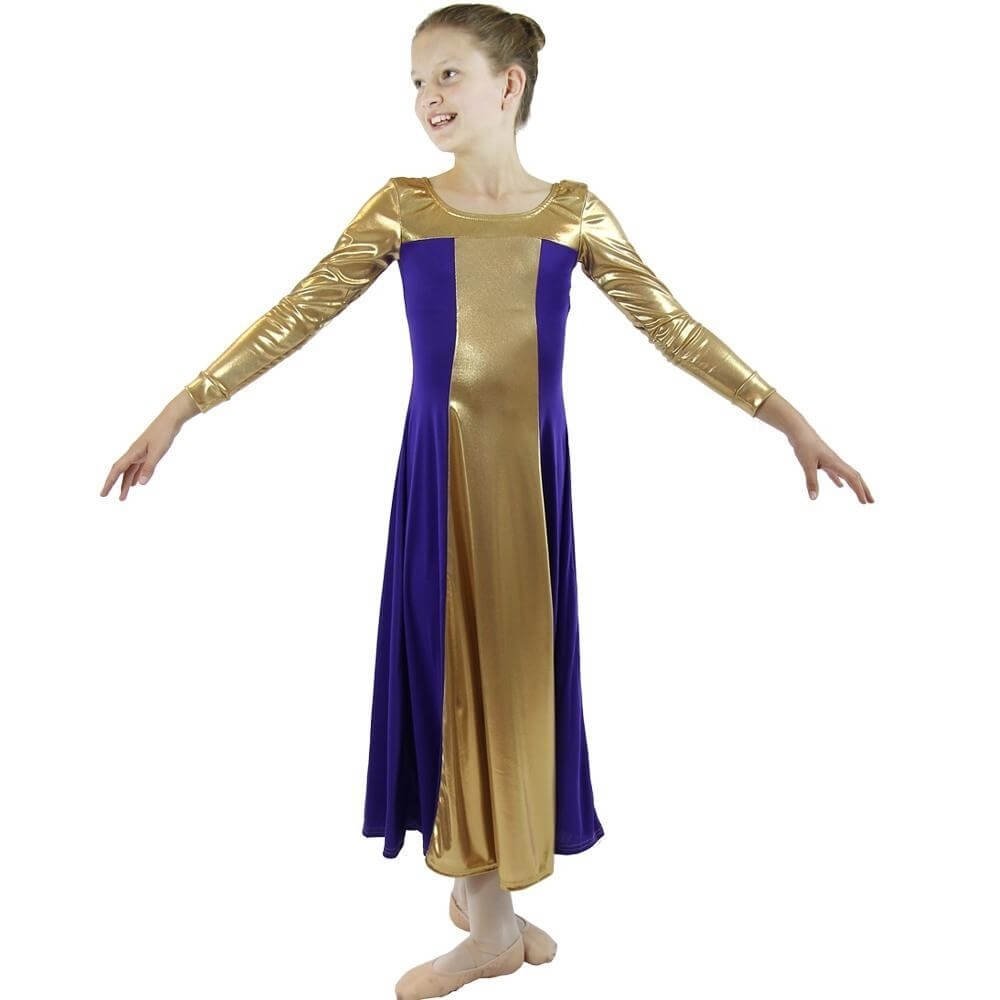 Danzcue Girls Metallic Color Block Long Sleeve Praise Dance Dress - Perfect for Worship Performances, Church Events, and Spiritual Celebrations