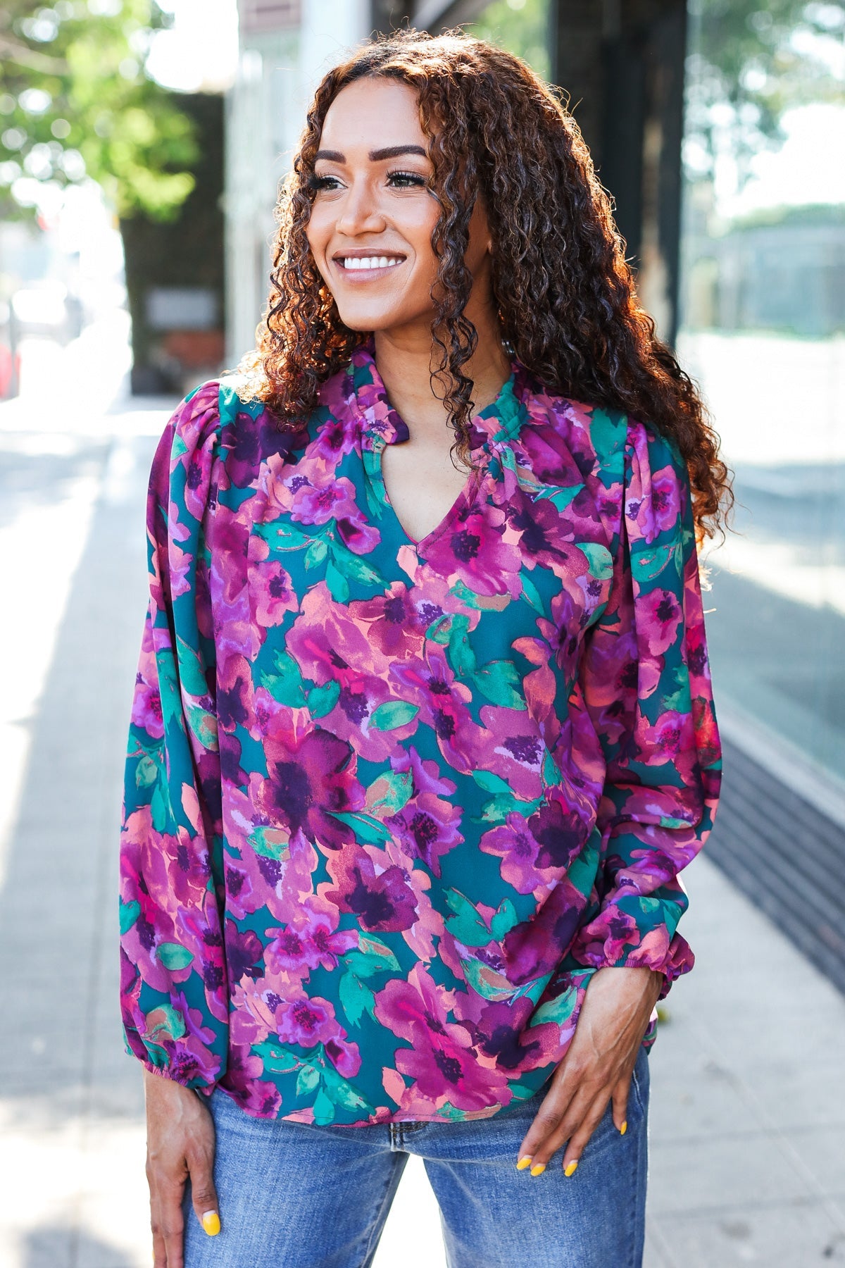 Stylish Hunter Green Watercolor Floral Print Notch Neck Blouse - Elegant Women's Tops for Casual Wear, Office Outfits & Spring Fashion
