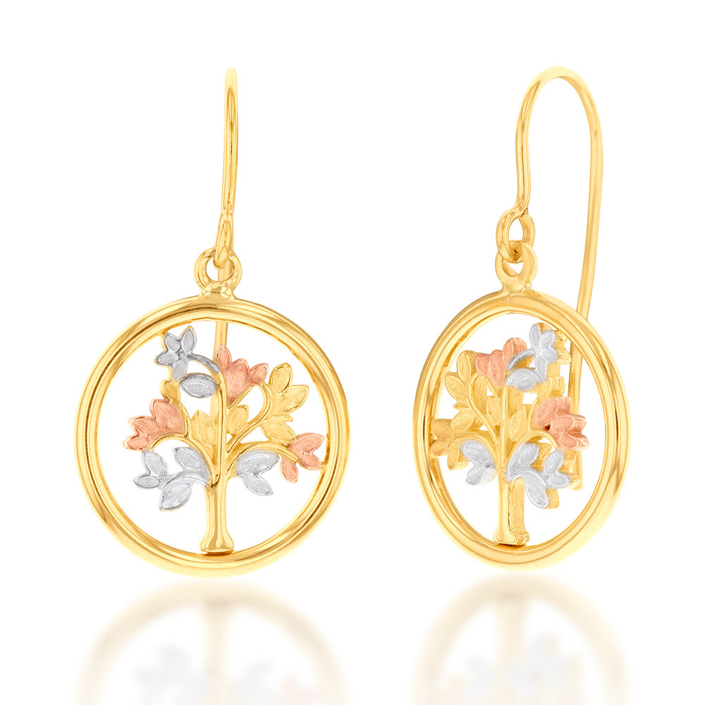 9ct Three Tone Gold Tree of Life Drop Earrings - White, Rose & Yellow Gold Dangle Earrings for Women, Gift for Her, Perfect for Weddings, Parties & Special Occasions