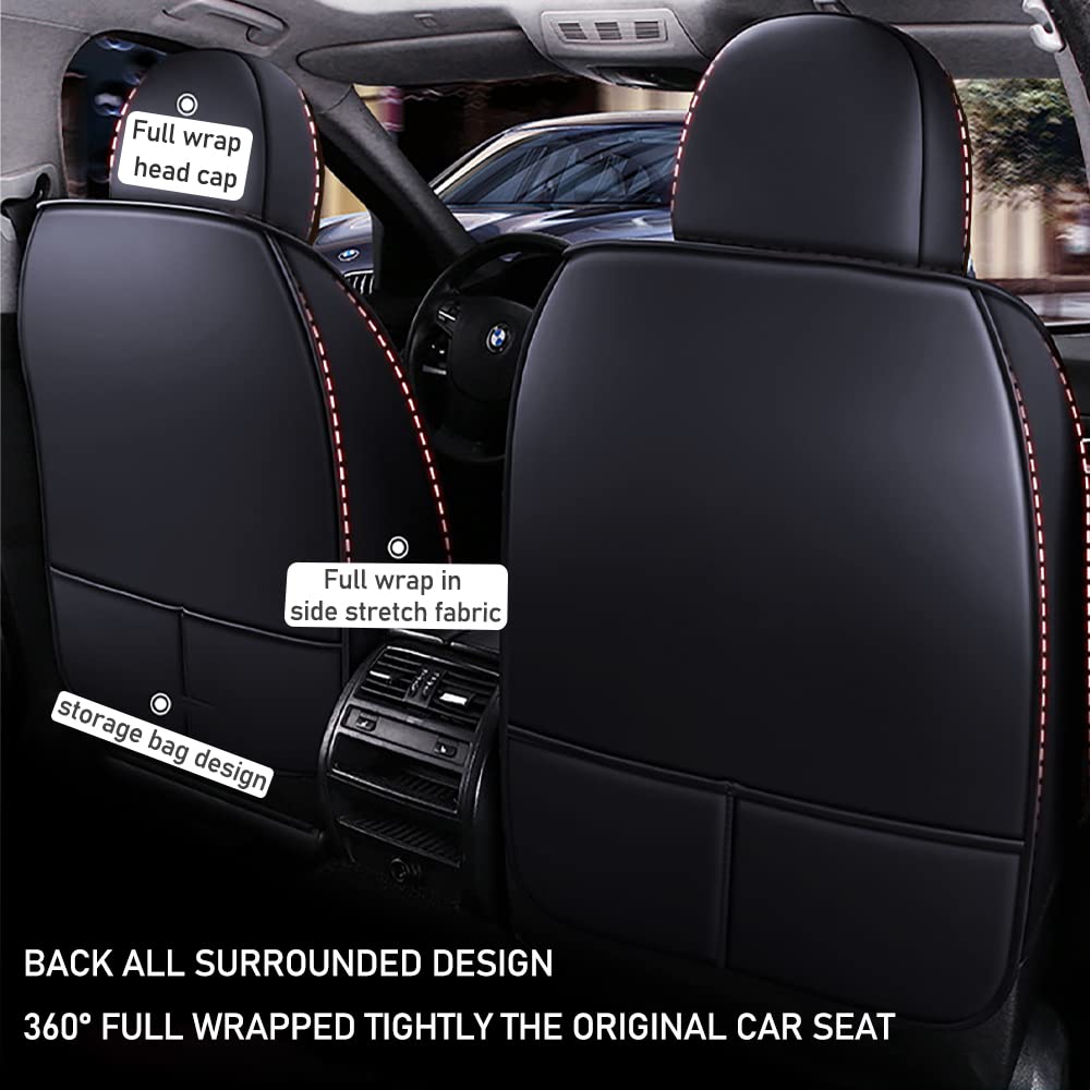Premium 2-Piece Car Seat Covers for KIA K5 2021-2025 - Black PU Leather with Storage Pockets, Headrest Pillows & Lumbar Support | Universal Fit, Anti-Slip Design for Comfort & Protection | Perfect for Daily Commute, Road Trips & Family Travel