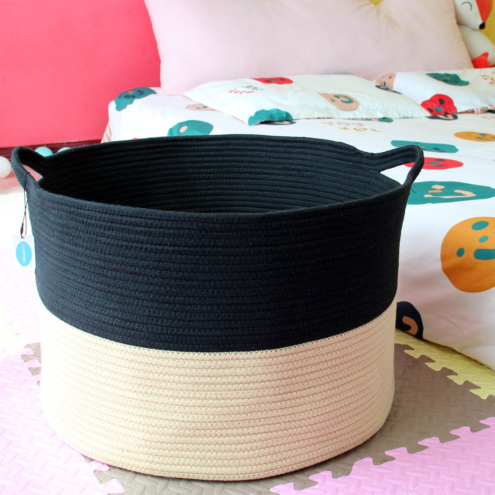 Casaphoria XXXLarge Woven Cotton Rope Basket - 21.7x21.7x13.8 Inch Laundry Hamper, Blanket Storage Bin with Handles for Comforters, Cushions & Clothes | Perfect for Bedroom, Nursery & Bathroom Organization | Black & Brown