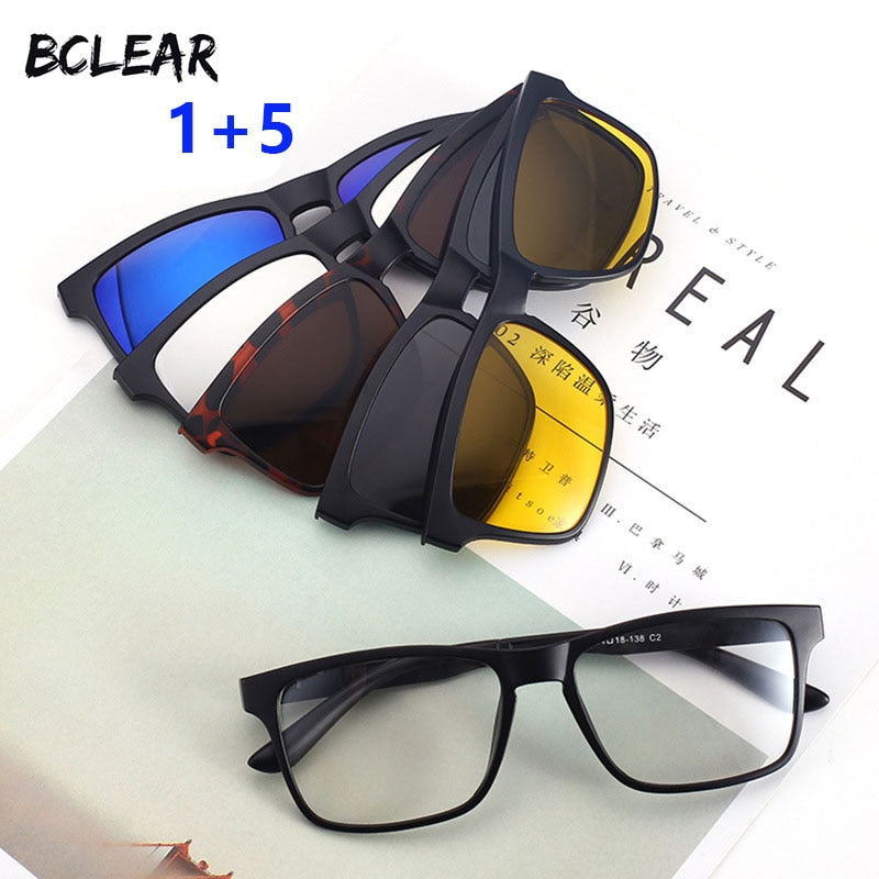 Bclear TR90 Men's Eyeglasses with 5 Clip-On Polarized Lenses - Lightweight & Durable Frame for Driving, Fishing & Outdoor Activities