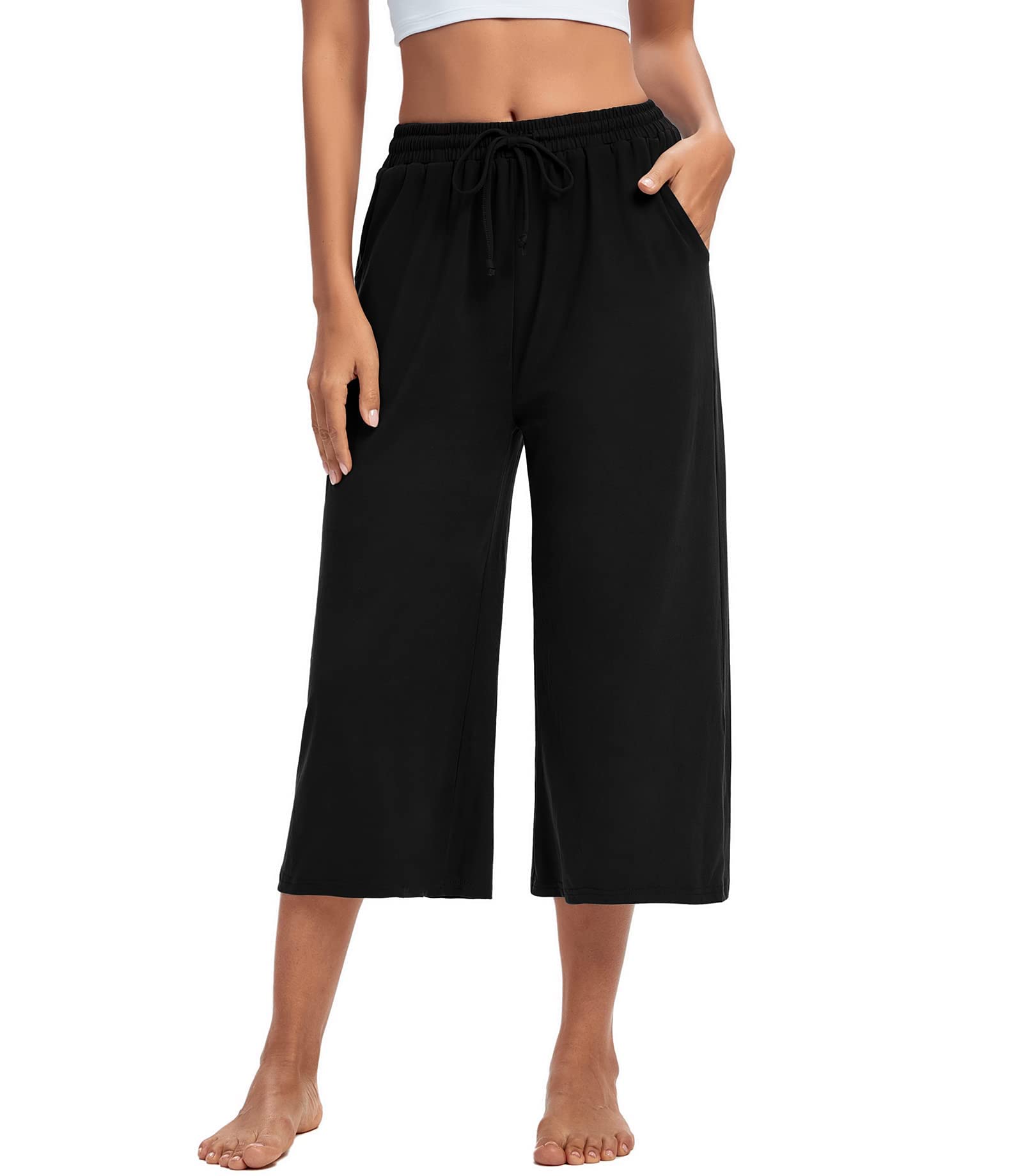 ASIMOON Women's Wide Leg Yoga Pants - High Waisted Capri Lounge Pants with Drawstring & Pockets - Comfortable Workout Sweatpants for Yoga, Running, Gym & Casual Wear