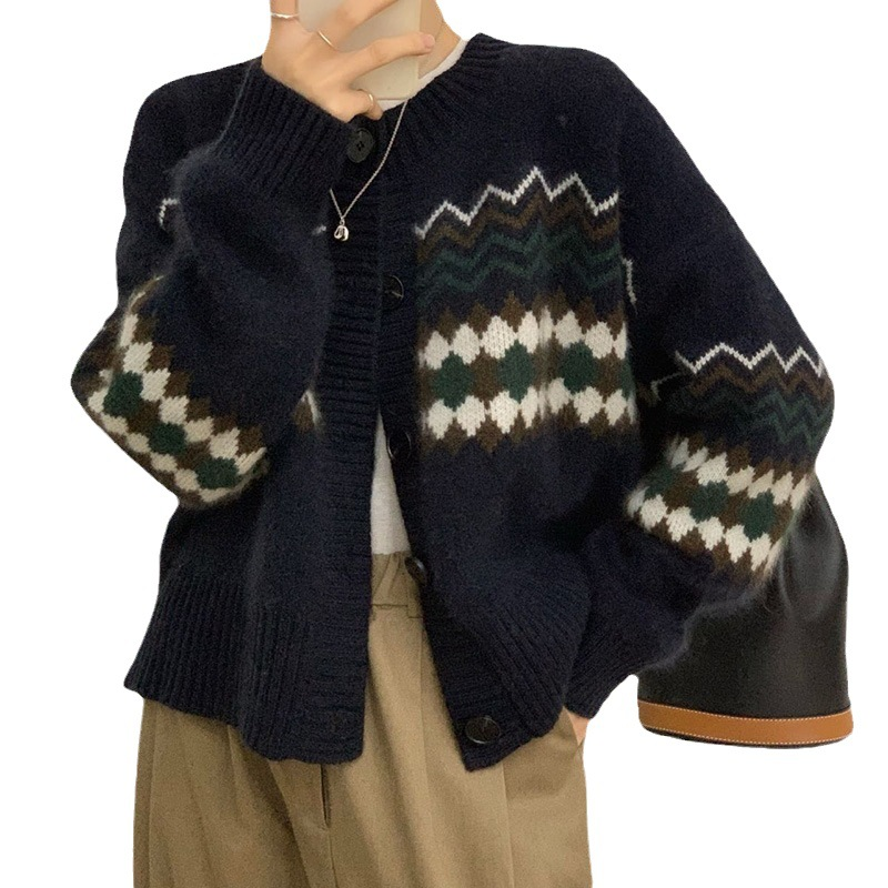 Women's Autumn Knitted Cardigan - Short Loose Fit Round Neck Jacket 1832 | Cozy Fall Layering Piece for Office, Casual Outings & Coffee Dates