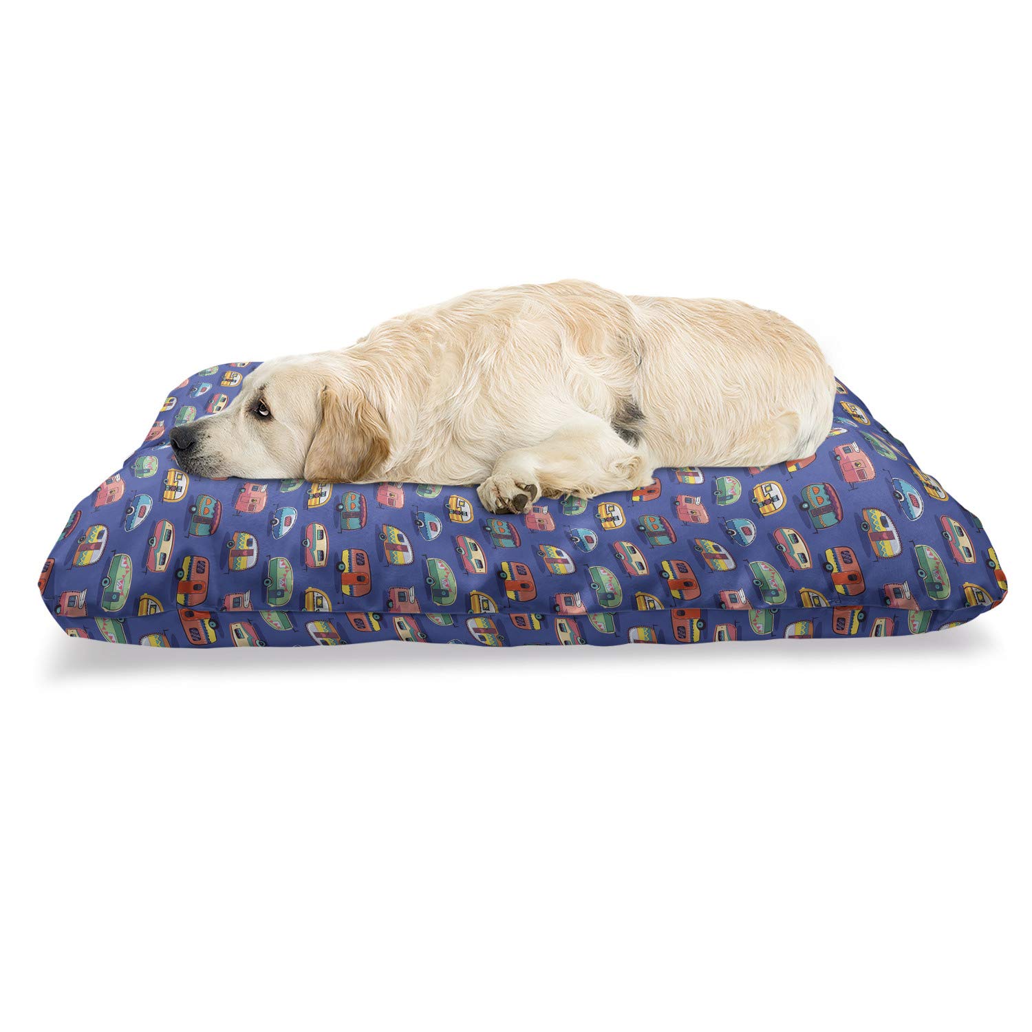 Ambesonne Vintage Cartoon Pet Bed - Chew Resistant Dog & Cat Cushion with Removable Cover, 24x39 Inch, Multicolor Travel Trailer Design - Perfect for Indoor/Outdoor Use in Living Room, Bedroom, or RV
