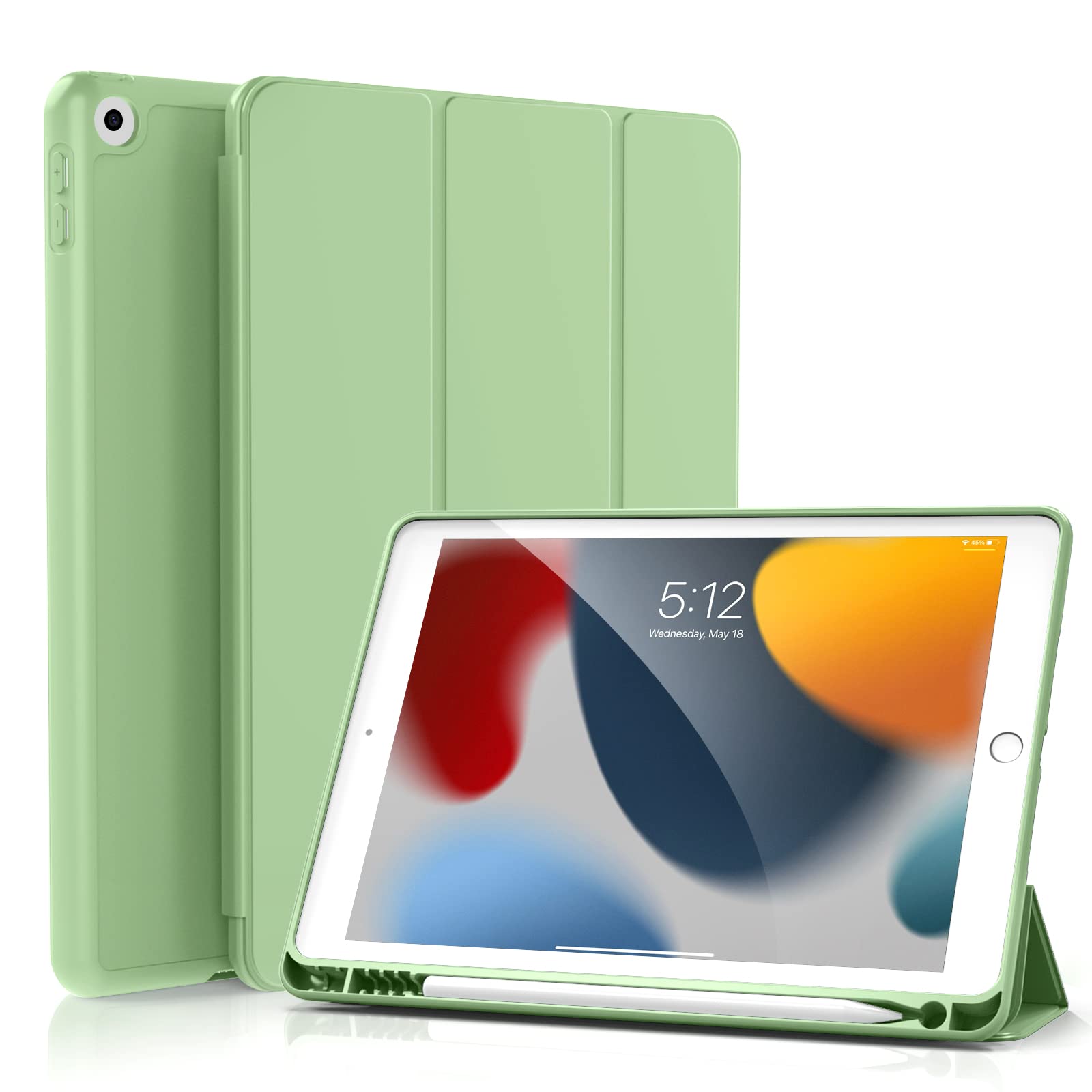 KenKe Protective Case for iPad 10.2 Inch (9th/8th/7th Generation 2021/2020/2019) with Pencil Holder - Soft TPU Back & Auto Wake/Sleep Cover - Green - Perfect for School, Work & Travel