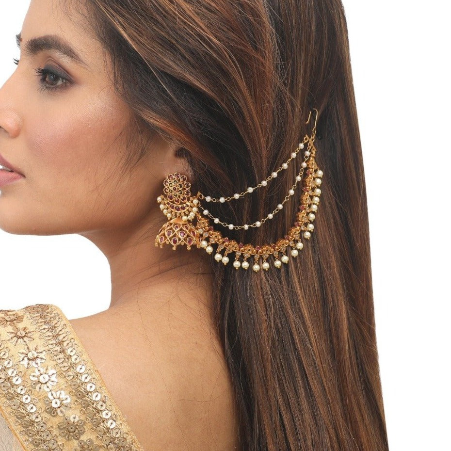 Vintage Gold Plated Shaan Ear Chain - Elegant Boho Jewelry for Women, Perfect for Parties, Weddings & Festive Occasions