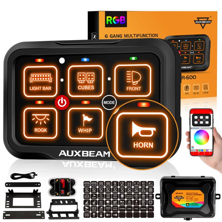 Auxbeam 6 Gang Switch Panel Bluetooth RGB AR-600 - Waterproof Toggle & Momentary Pulsed Modes - Multifunctional Manual/Automatic Backlit Control for Truck, Car, ATV & Boat - Perfect for Off-Roading, Marine & Custom Vehicle Lighting Upgrades