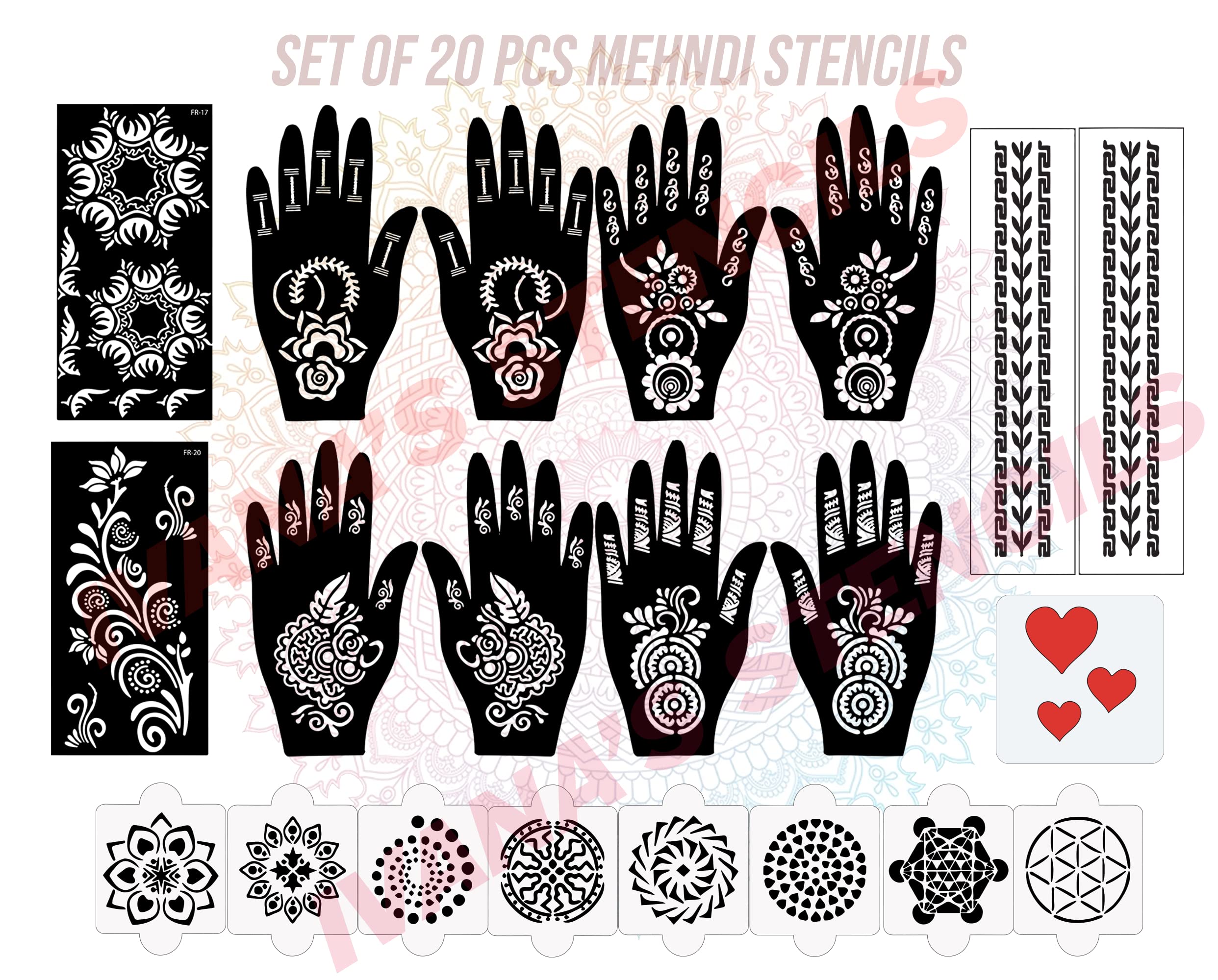 20-Piece Reusable Henna Stencil Kit for Hands - Easy Mehndi Design Stickers for Women, Girls & Teens | Perfect for Parties, Weddings & Festivals | Quick & Safe DIY Body Art | D-2251