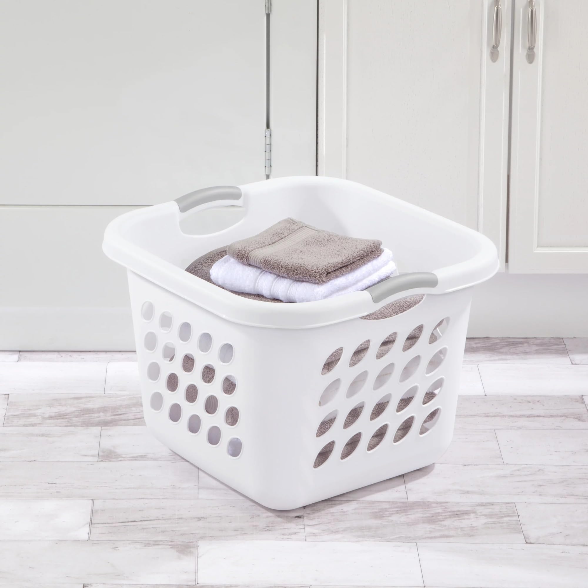 1.5 Bushel Square Laundry Basket with Handles - White Plastic Storage Hamper for Clothes, Bedroom, Bathroom & Laundry Room Organization