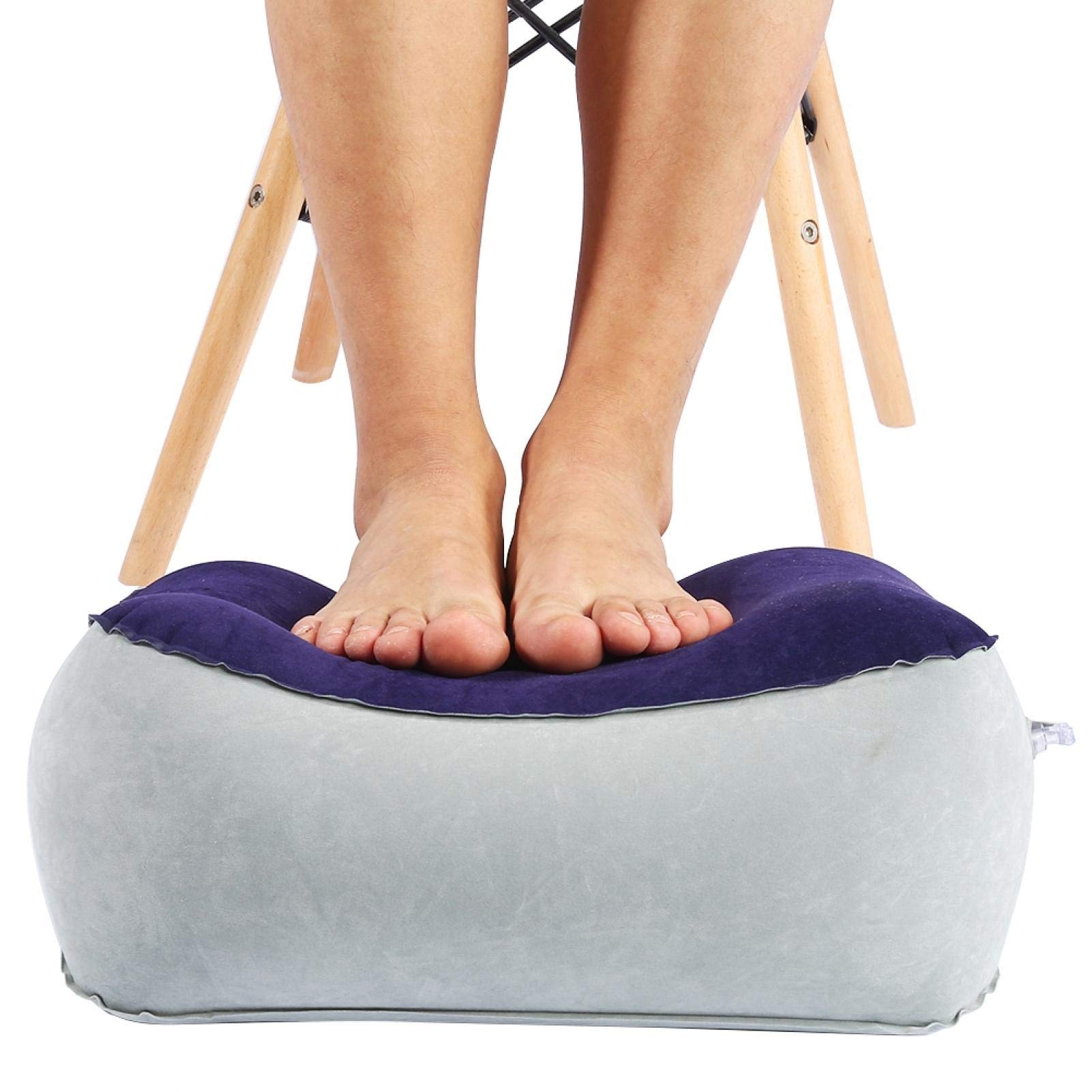 Alvinlite Inflatable Travel Foot Rest Pillow - Portable Airplane Foot Cushion for Leg Support | Lightweight PVC Flocking Foot Pad for Home, Office & Camping (Grey & Blue) | Perfect for Long Flights, Road Trips & Work Desks