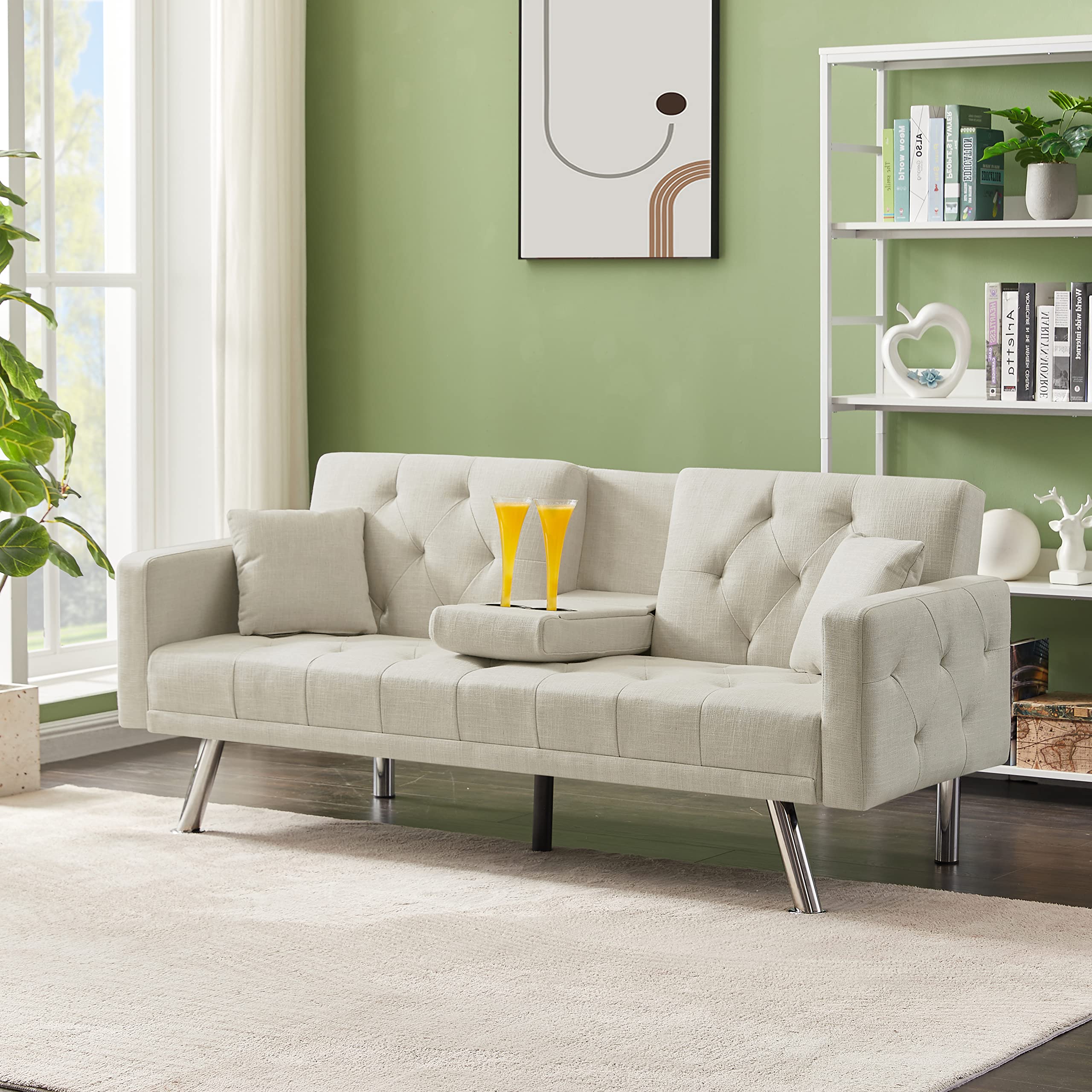 YOGLAD Modern Tufted Recliner Sofa Bed - Convertible Fabric Futon with Cup Holder & Metal Legs - 75