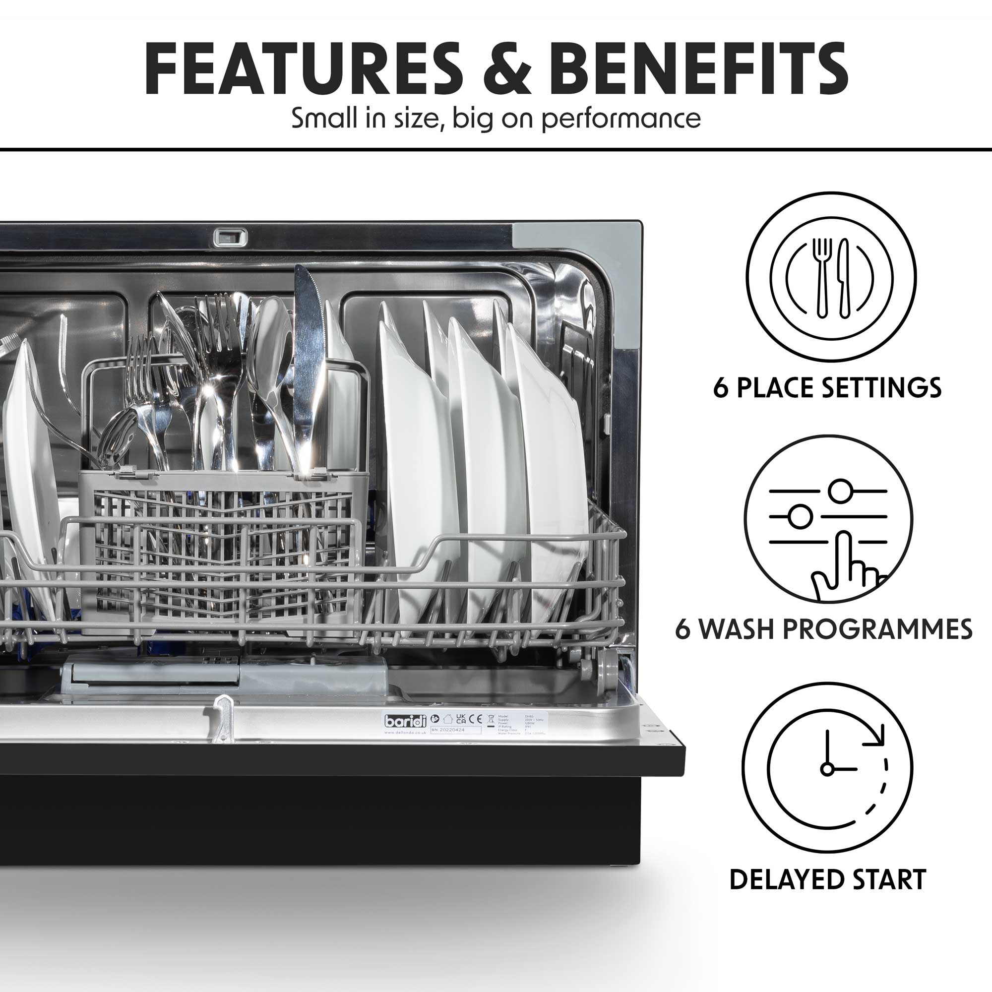 Baridi Compact Tabletop Dishwasher - 6 Place Settings, 6 Wash Programs, Ultra Quiet (42dB), 6.5L Capacity in Sleek Black (Model DH85) | Perfect for Small Apartments, RVs, Dorms & Office Break Rooms