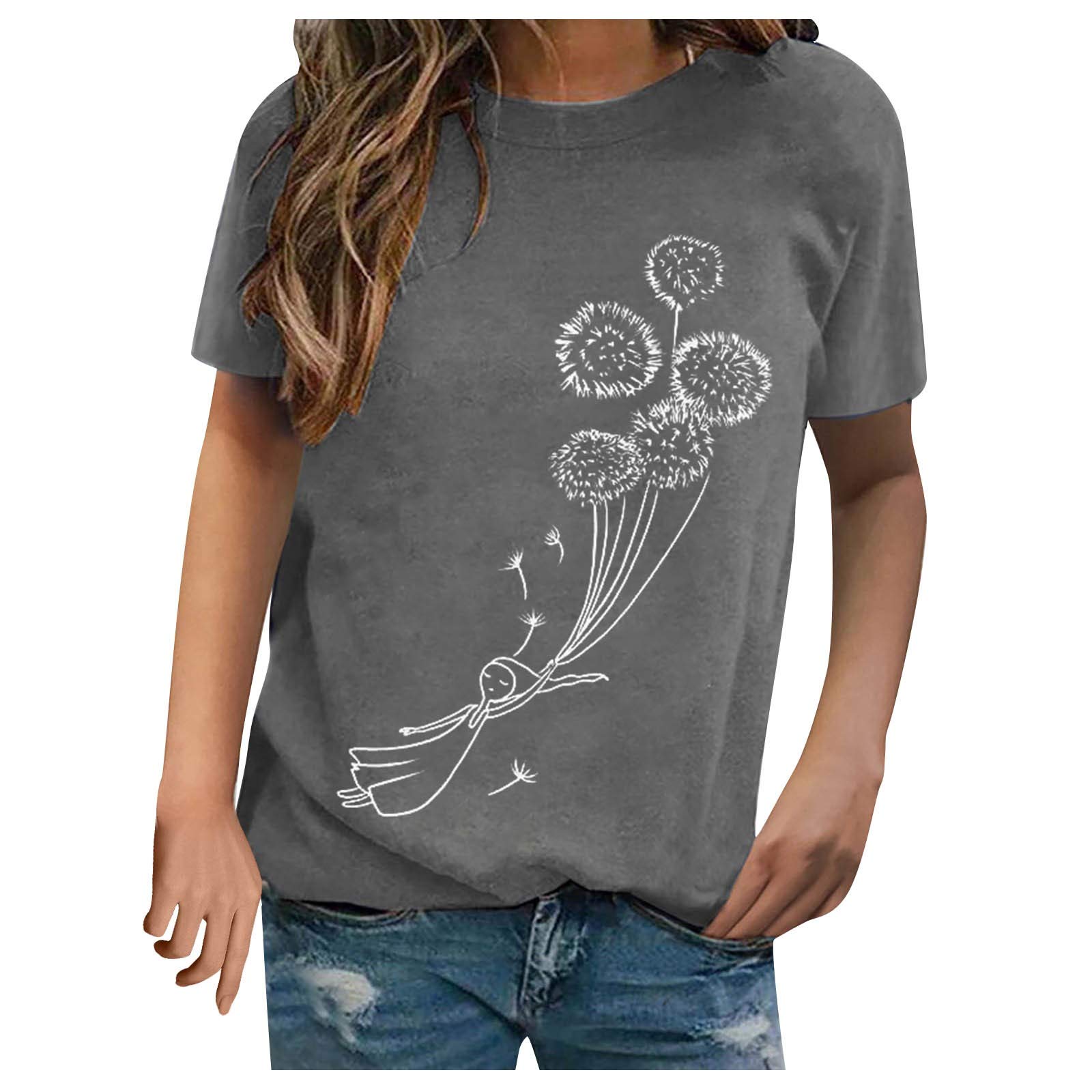 Women's Dandelion Print T-Shirt - Crew Neck Casual Basic Top for Summer, Workout & Everyday Wear | Soft & Comfortable Women's Tank Tops for Gym, Office & Outdoor Activities