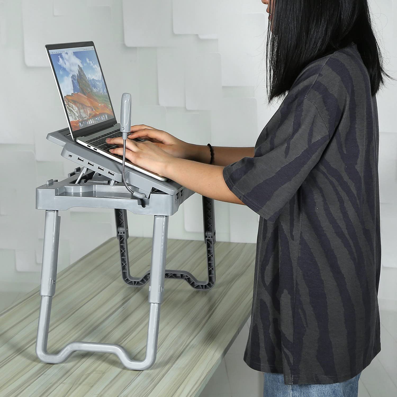 Adjustable Laptop Stand with Cooling Fan & Mouse Pad - Foldable Lap Desk with LED Light & 4 USB Ports - Portable Laptop Table for Bed, Couch, Sofa & Floor Use (Grey) - Perfect for Work, Gaming & Streaming in Bed or Living Room