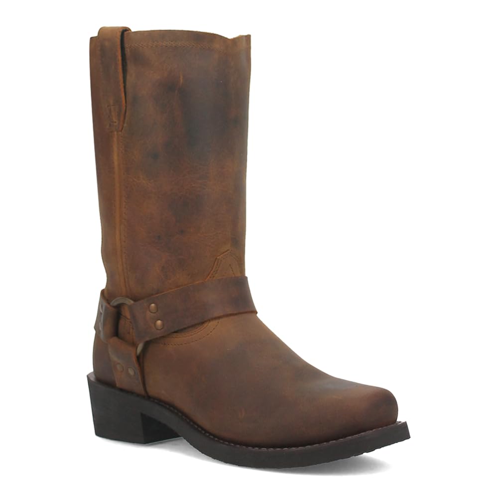 Dingo Men's Dean Harness Square Toe Pull-On Motorcycle Boots - Mid Calf Casual Work Boots for Riding & Everyday Wear - Brown Leather Boots for Bikers & Cowboy Style