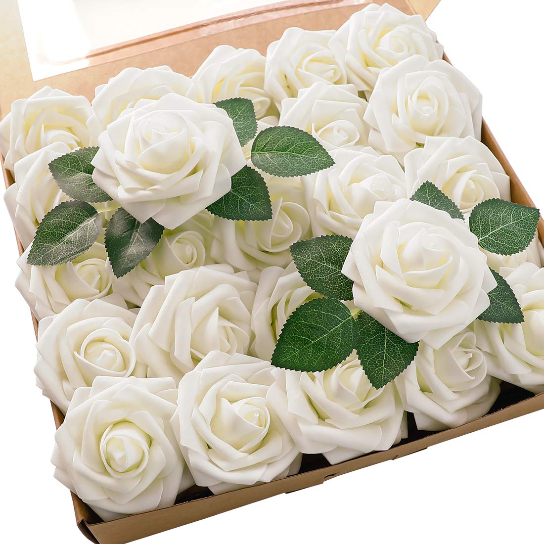 Floroom 25pcs Realistic Ivory Foam Roses with Stems - Artificial Flowers for DIY Wedding Bouquets, Bridal Shower Centerpieces, Table Decorations - Perfect for Wedding, Party, Home & Office Decor