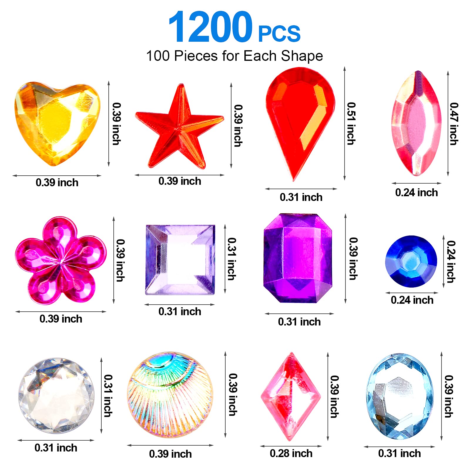 1200pcs Acrylic Flatback Rhinestones for Crafts - 12 Shapes (6-13mm) Bling Crystal Gems for DIY Jewelry, Scrapbooking & Party Decorations - Kids Art Supplies with Storage Box - Perfect for Home Decor, Wedding Invitations & Nail Art