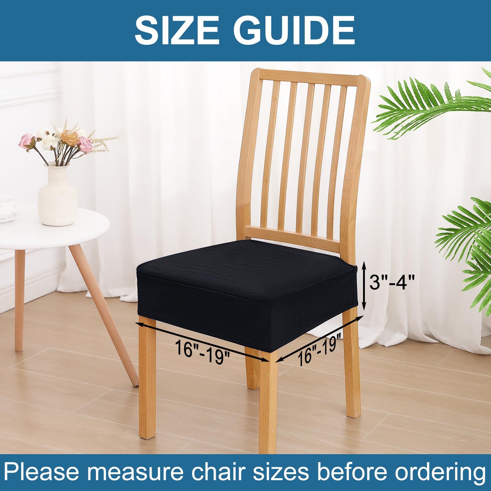Smiry Waterproof Dining Chair Seat Covers Set of 4 - Stretch Jacquard Washable Slipcovers for Kitchen & Restaurant Chairs - Black Seat Protectors for Home, Office & Commercial Use
