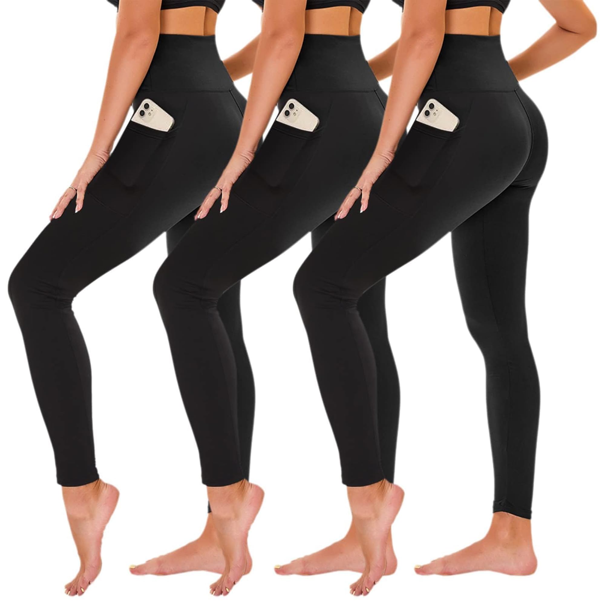 TNNZEET 3 Pack Women's High Waisted Yoga Pants - Tummy Control Black Leggings with Pockets for Gym, Running & Workout | Comfortable & Soft for Everyday Wear