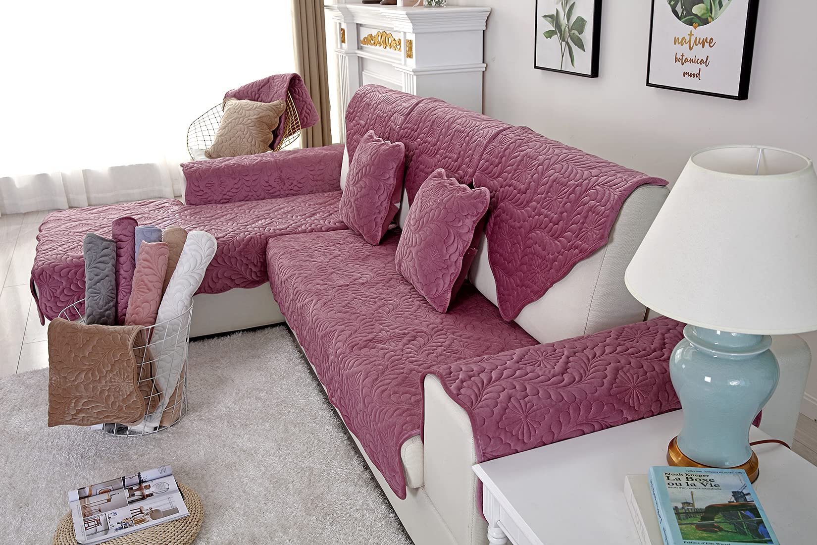 Velvet Quilted Sofa Cover for Sectional Couches - Soft Non-Slip Pet-Friendly Slipcover for Dogs & Cats - Fits L-Shaped Leather Love Seats & Recliners with Armrest/Backrest Protection (Purple, 28