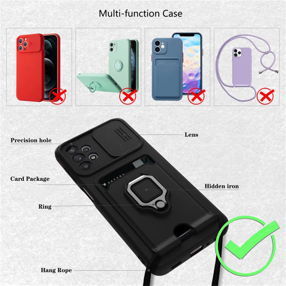 Samsung Galaxy A31 Crossbody Phone Case with Strap, Card Holder & Magnetic Kickstand - Shockproof Liquid Silicone Cover (Black) | Perfect for Travel, Shopping & Outdoor Activities