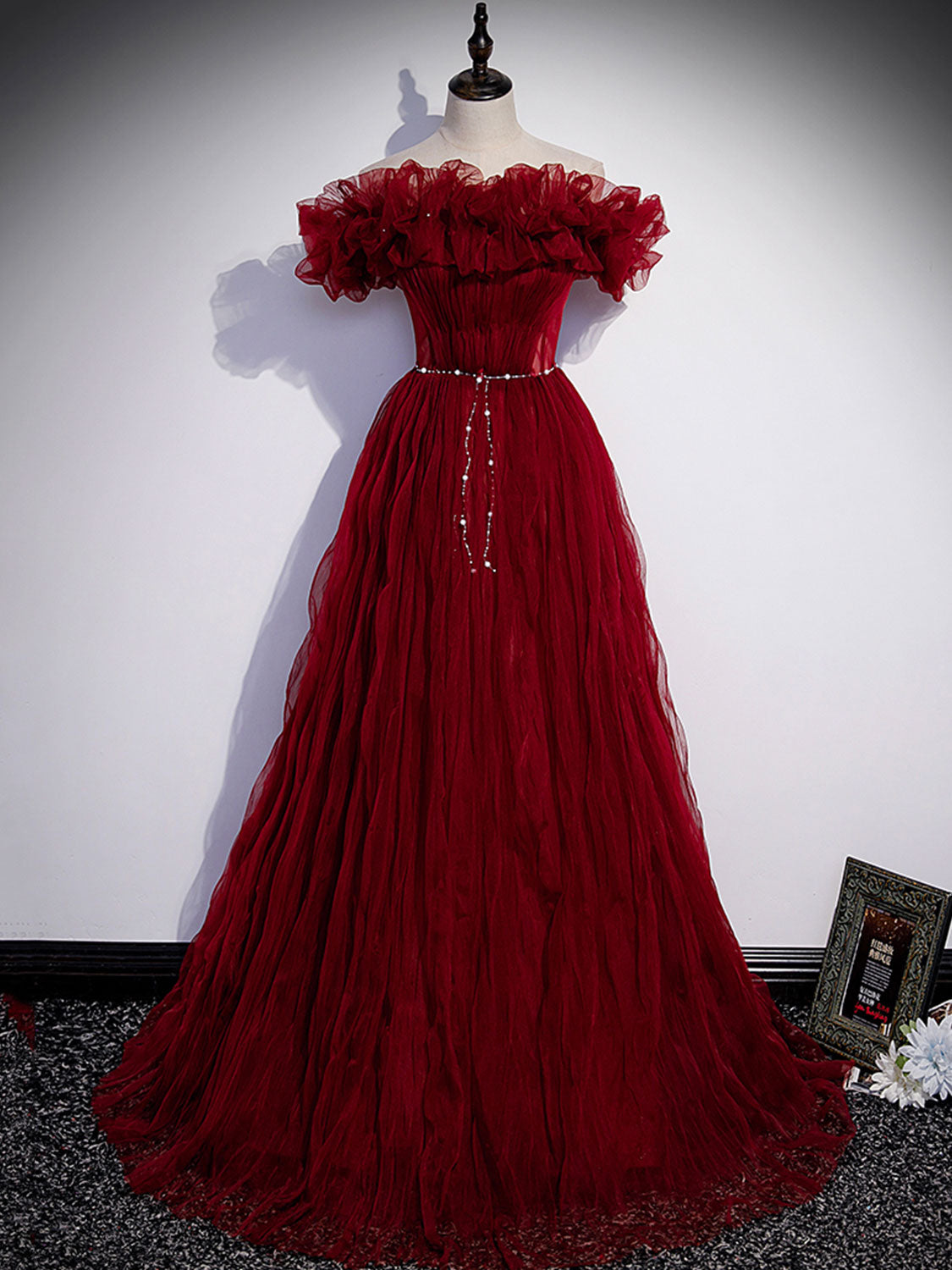 Elegant Burgundy Tulle Off-Shoulder Long Prom Dress | Formal Evening Gown for Homecoming, Wedding, and Special Occasions