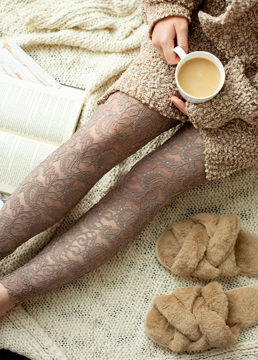 Elena Lace Leggings for Women - High Waisted Stretchy Yoga Pants in Taupe - Perfect for Workouts, Yoga & Casual Wear