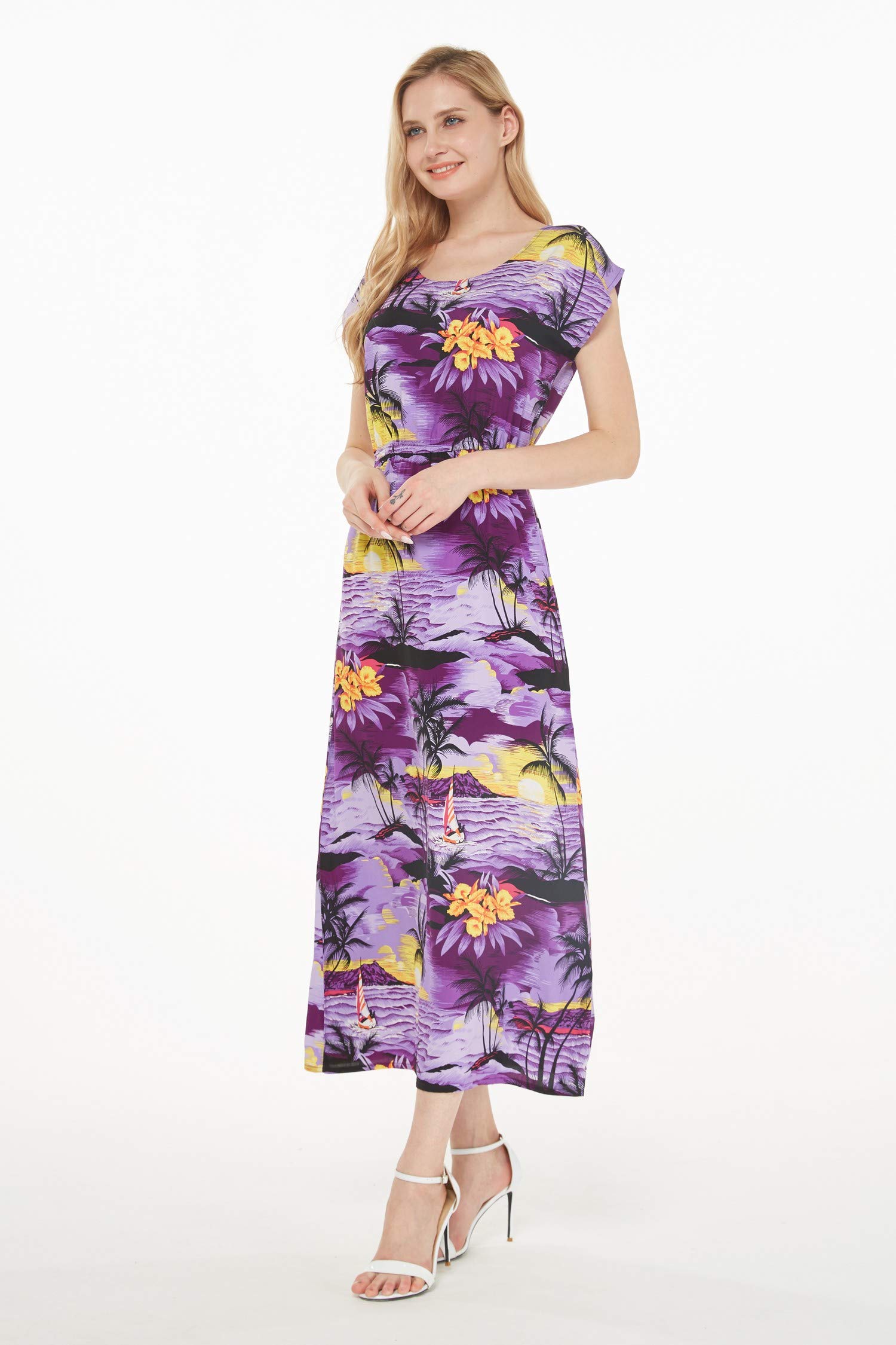 Women's Hawaiian Luau Cap Sleeve Maxi Dress - Floral Sunset Print Beach Party Dress for Summer Vacation, Tropical Getaway & Poolside Relaxation