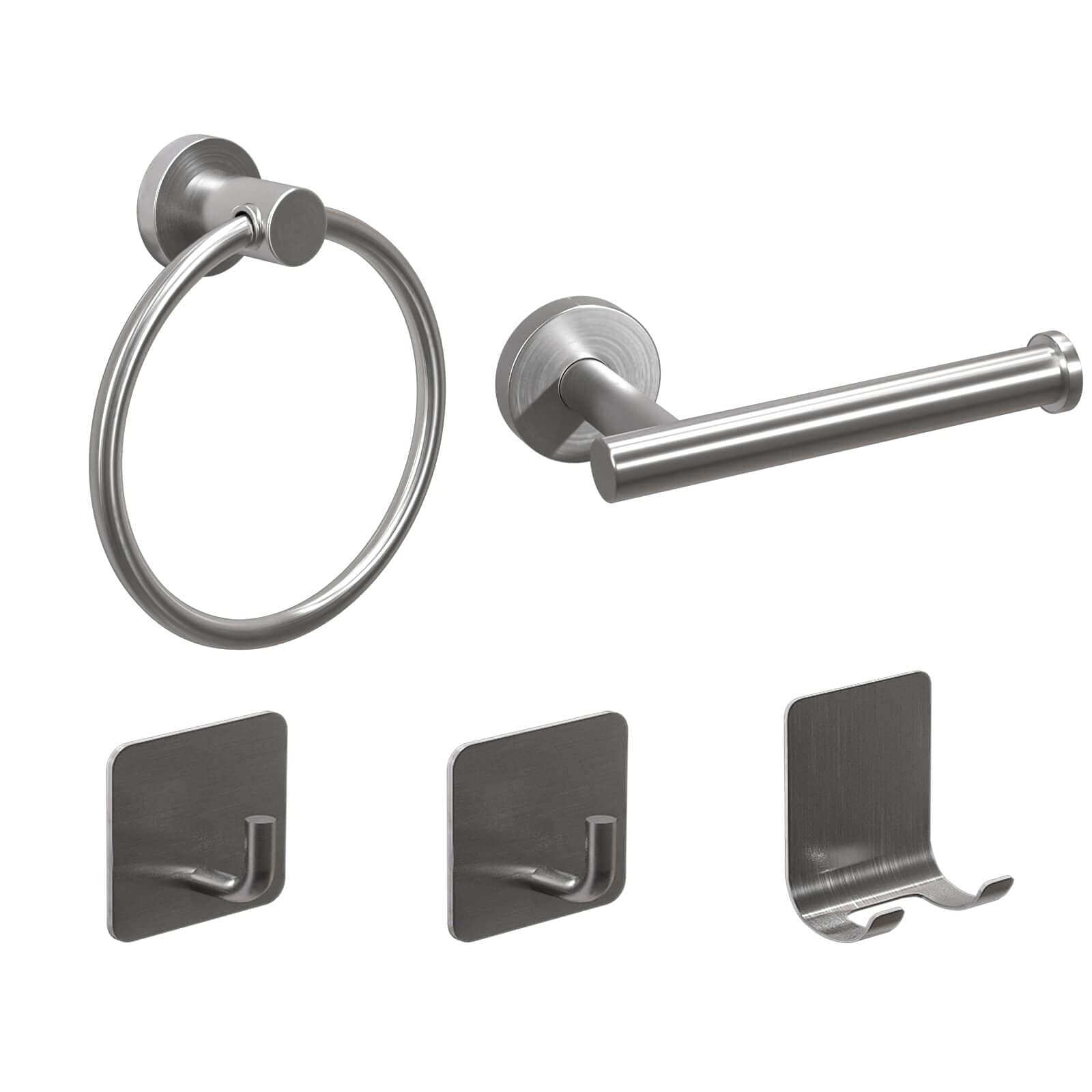5-Piece Brushed Nickel Bathroom Hardware Set - Towel Ring, Toilet Paper Holder, 2 Hooks & Razor Holder - Wall Mount & Adhesive Installation - Modern Bathroom Accessories Kit by COZYTALK - Perfect for Small Bathrooms, Apartments & Dorm Rooms
